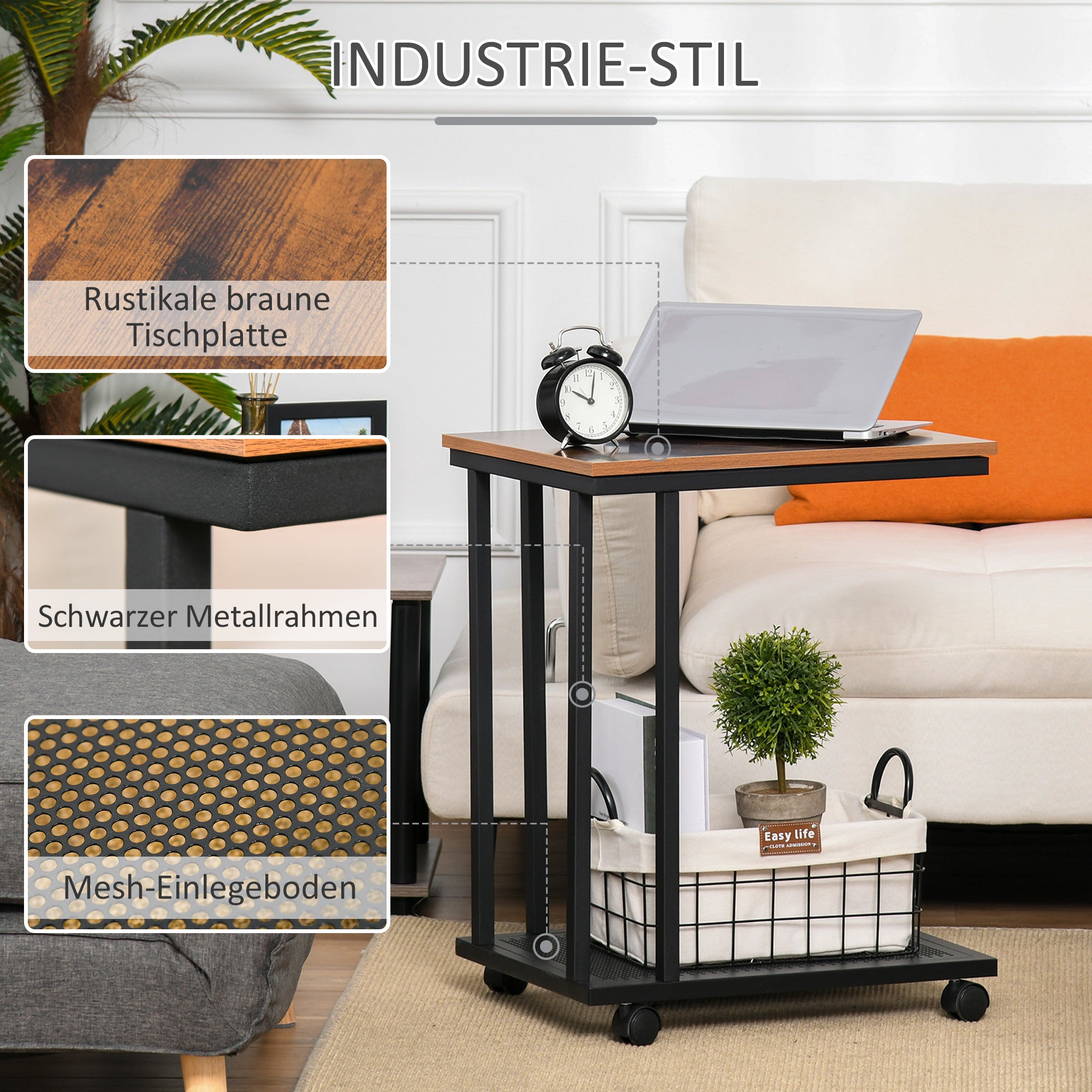 HOMCOM Beistelltisch C-Form Rollwagen Servierwagen Laptoptisch Sofatisch Beistelltisch Nachttisch Betttisch mit Metallgestell Industrie-Design Nachttisch Schwarz + Walnuss gemasert 51 x 36 x 65 cm