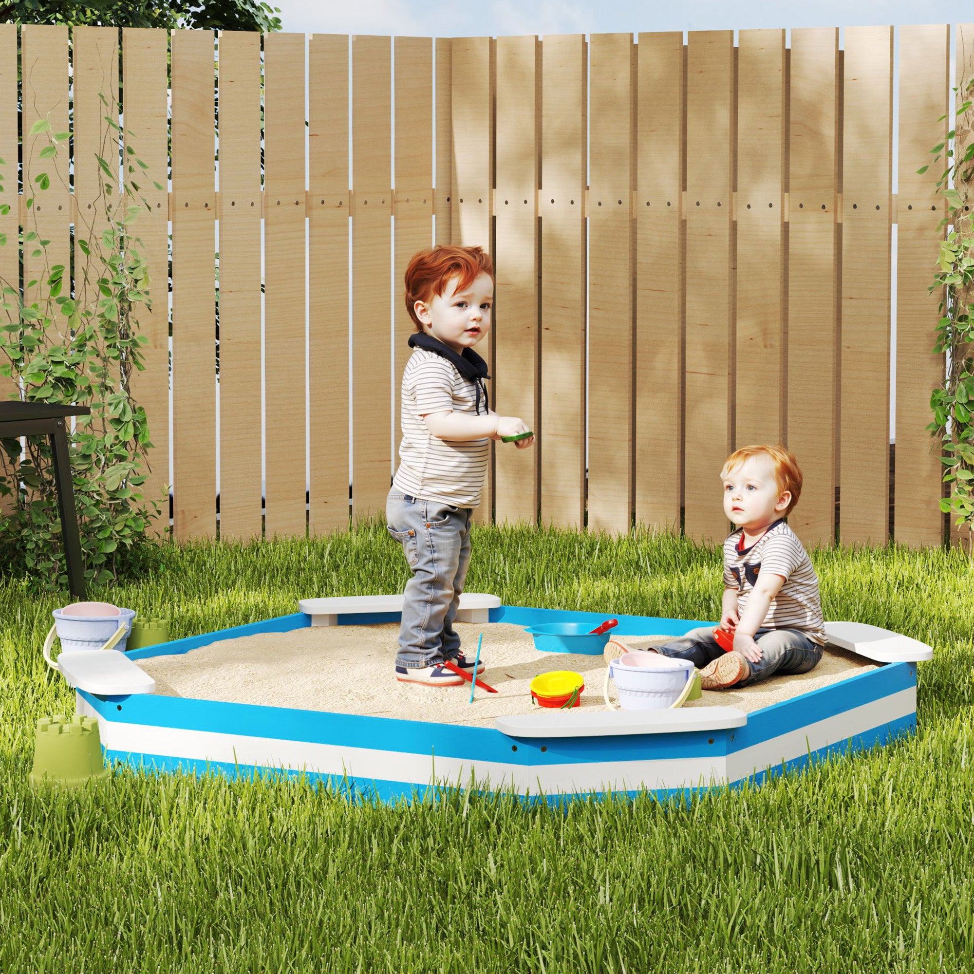 AIYAPLAY Sandkasten für Kinder, Sandkiste mit 4 Sitzen, Fichtenholz, bodenlos, Blau