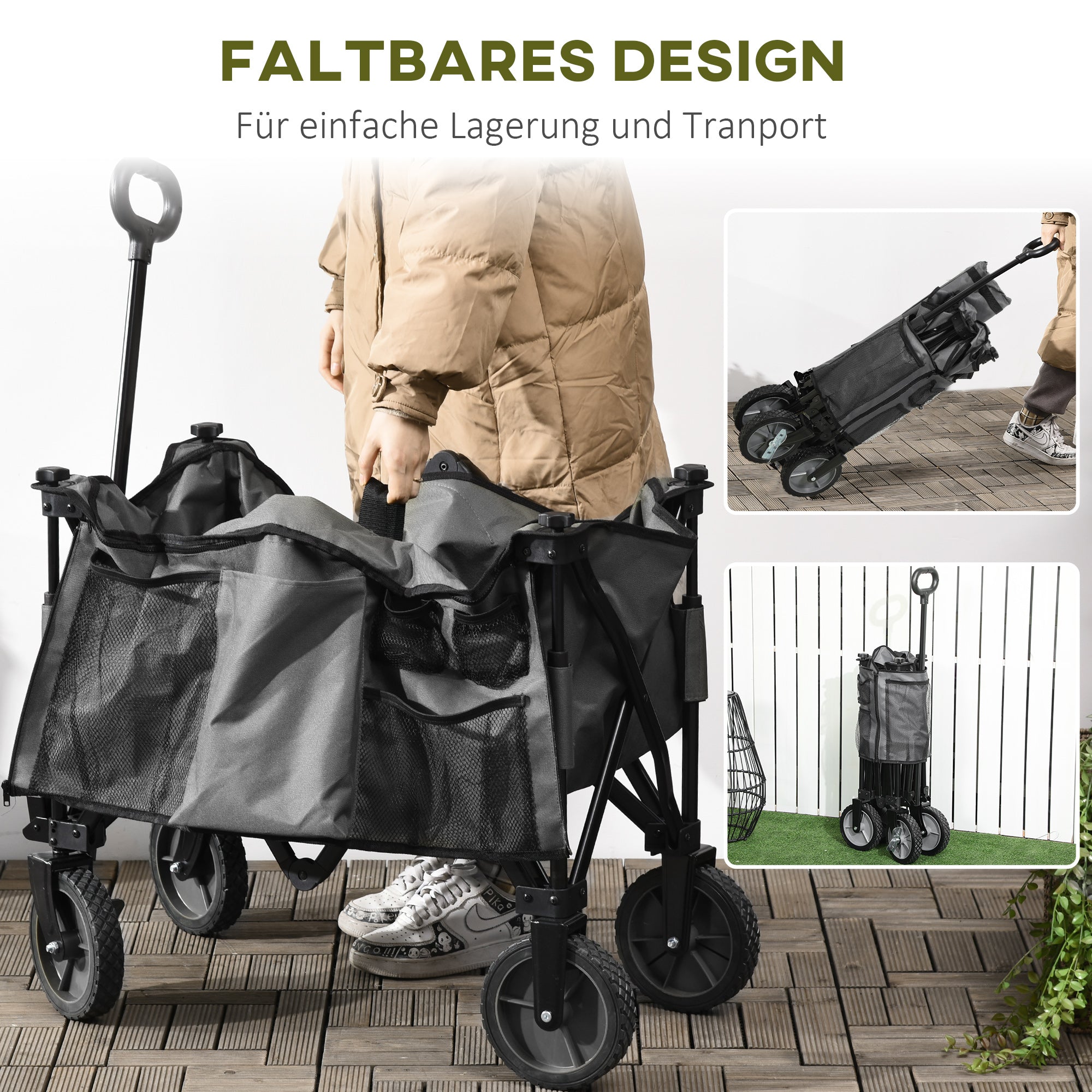 Outsunny Bollerwagen, klappbar, 5 Seitentaschen, verstellbarer Griff, bis 120 kg, Stahl, dunkelgrau, 100 x 55 x 93 cm