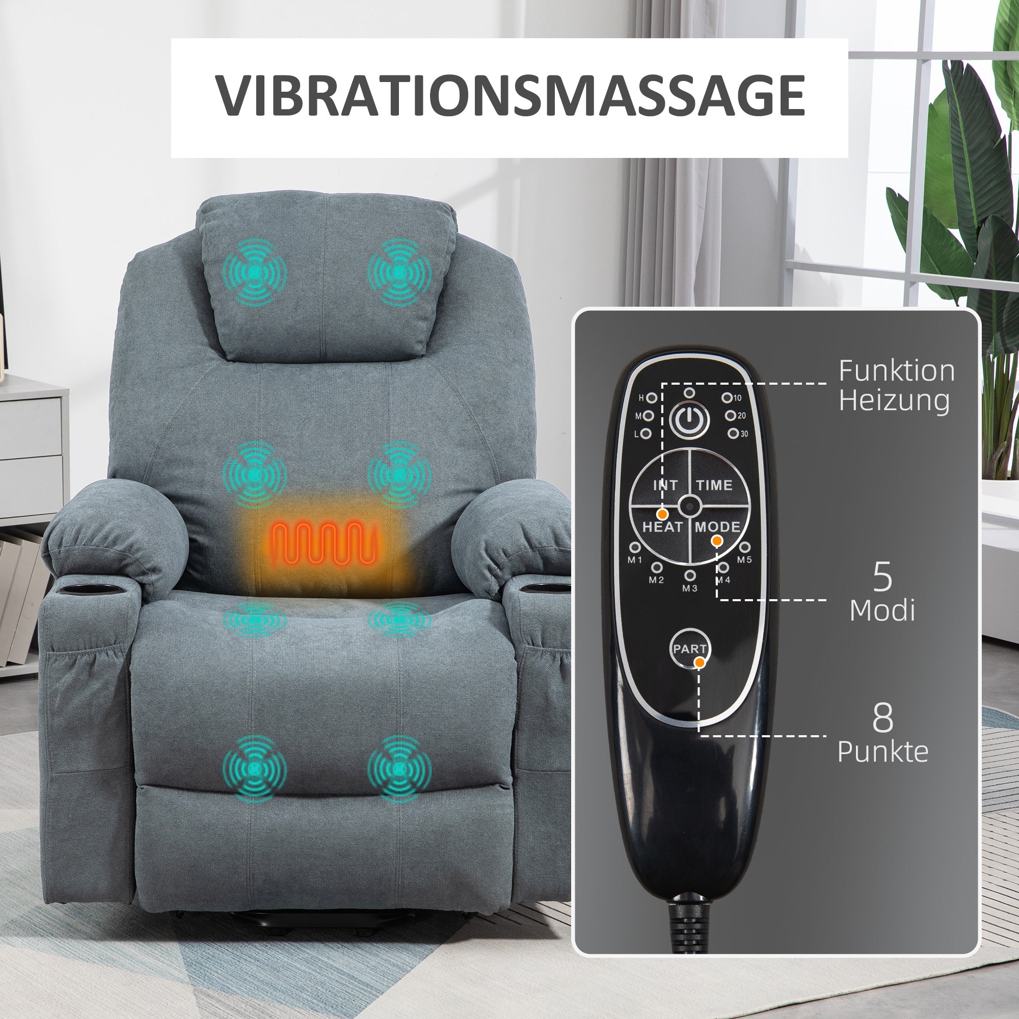 HOMCOM Massagesessel  Aufstehhilfe Seniorensessel, 8 Massagepunkte, Seitentaschen, Fernbedienung, 90L x 101B x 107 cm, Grau