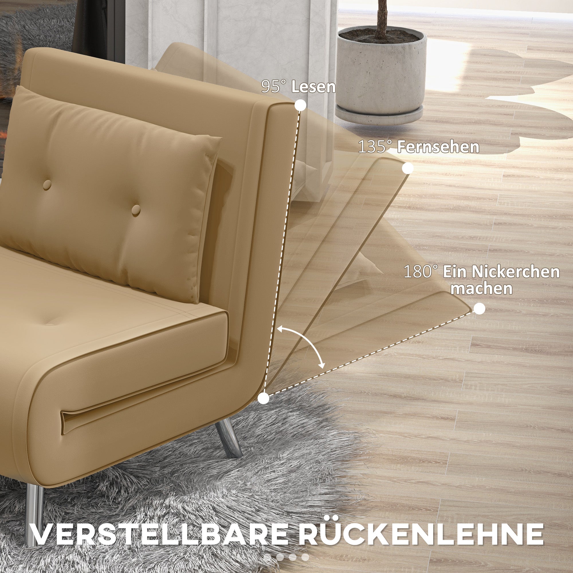 HOMCOM Liegesessel Sessel mit Liegefunktion Schlafsessel, Knopfheftung, Leinenoptik, 77 cm x 88 cm x 83 cm, Braun