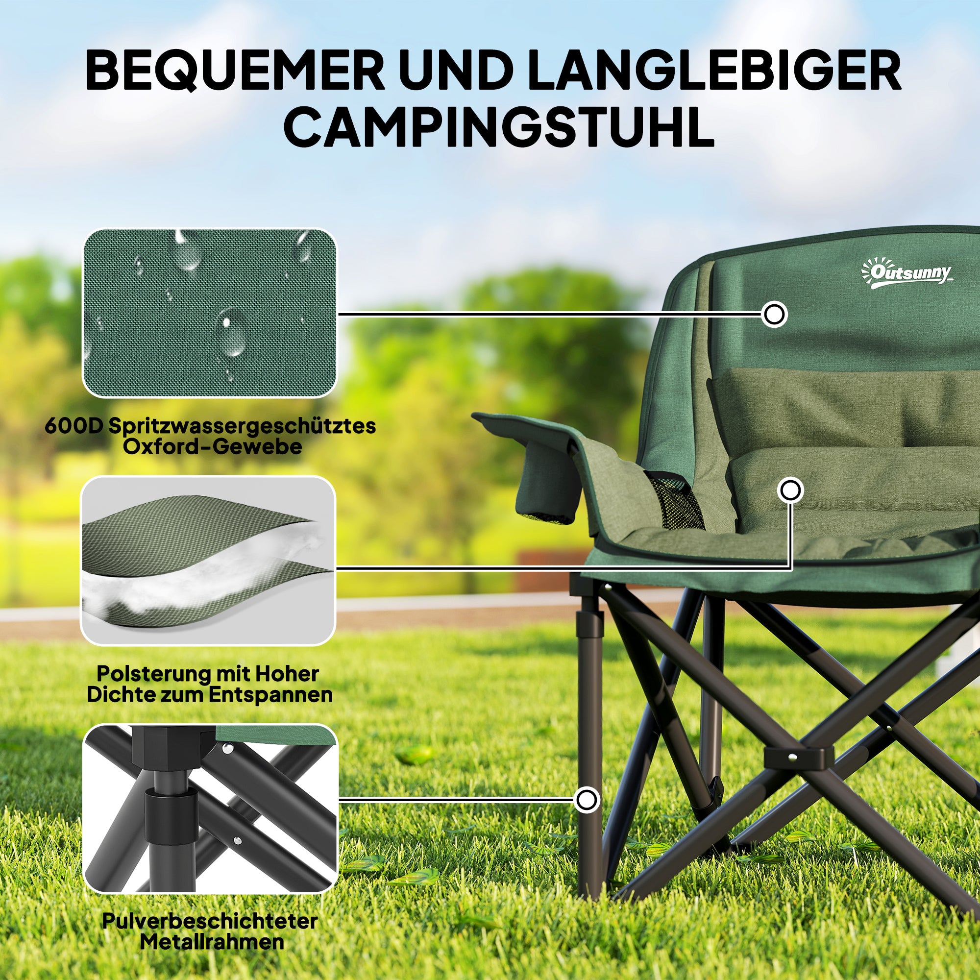 Outsunny Klappstuhl, Gepolsterter Angelstuhl, Metallrahmen, Becherhalter, Olivgrün