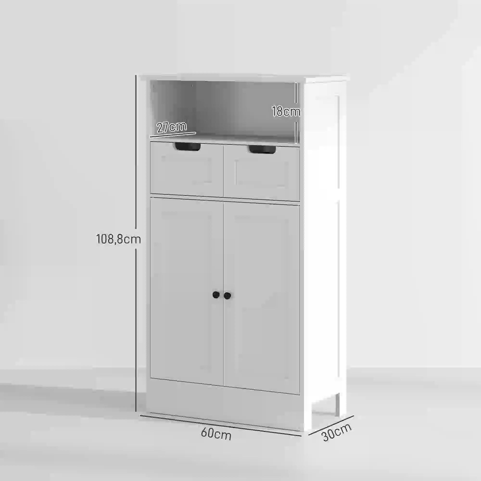 kleankin Badzimmerschrank 60x30x108,8 cm Weiß mit 2 Schubladen