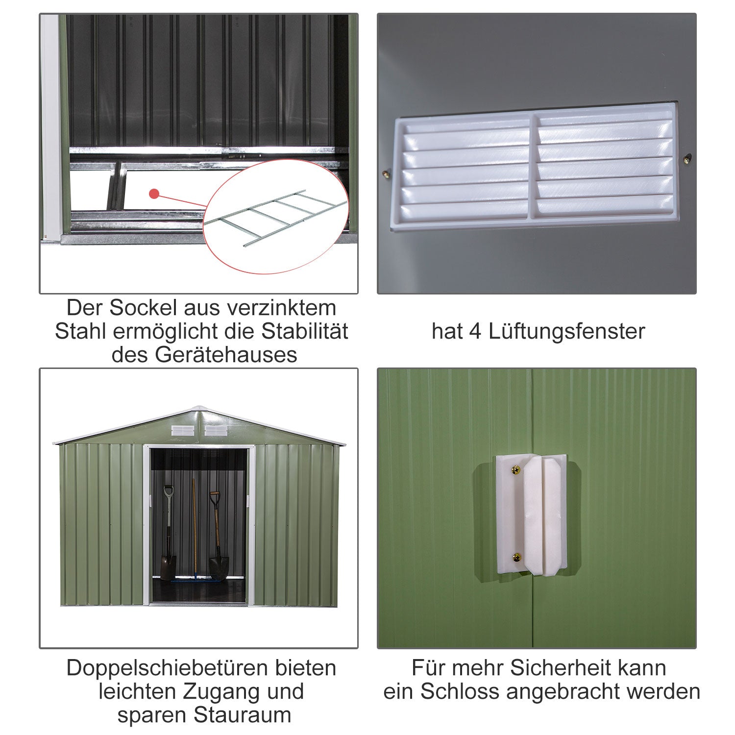 Outsunny Geräteschuppen mit Schiebetüren 2,77 x 1,95 x 1,92cm Metall Hellgrün