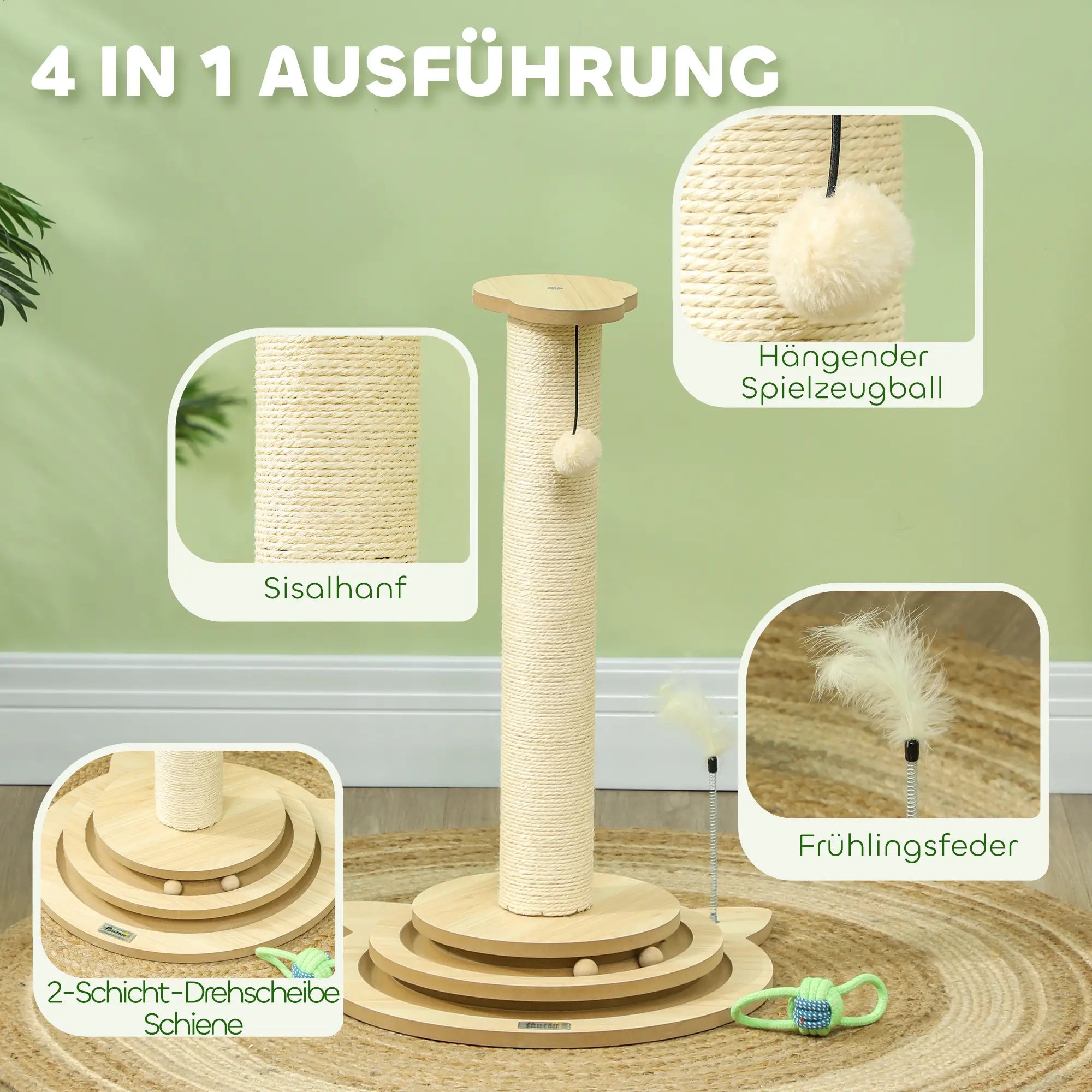 PawHut 4-in-1 Kratzstamm 69 cm mit Spielball Eiche