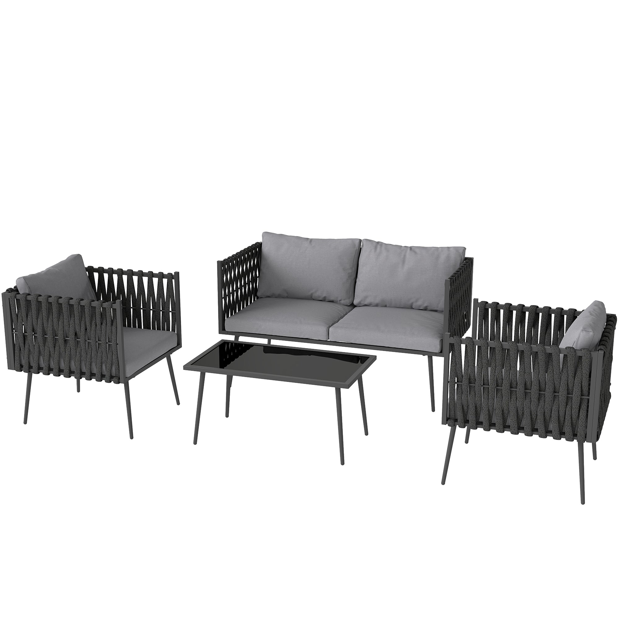 Outsunny Gartenmöbel Set 4 Personen wetterfest Balkonmöbel-Set mit 2er Sofa, Sessel Glastisch Sitzkissen Hellgrau