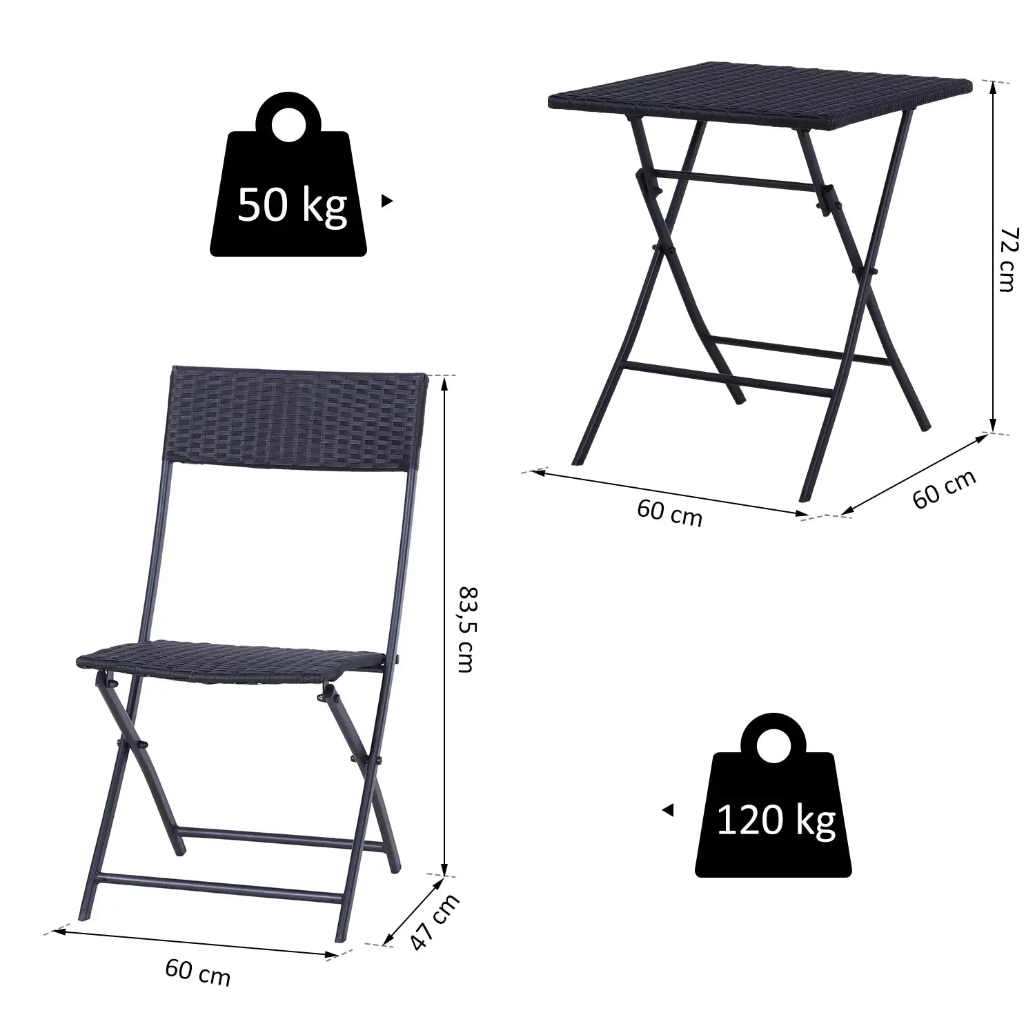 Outsunny Polyrattan Bistroset für 2 Personen Sitzgruppe Rattan Gartenmöbel Set Garnitur Schwarz