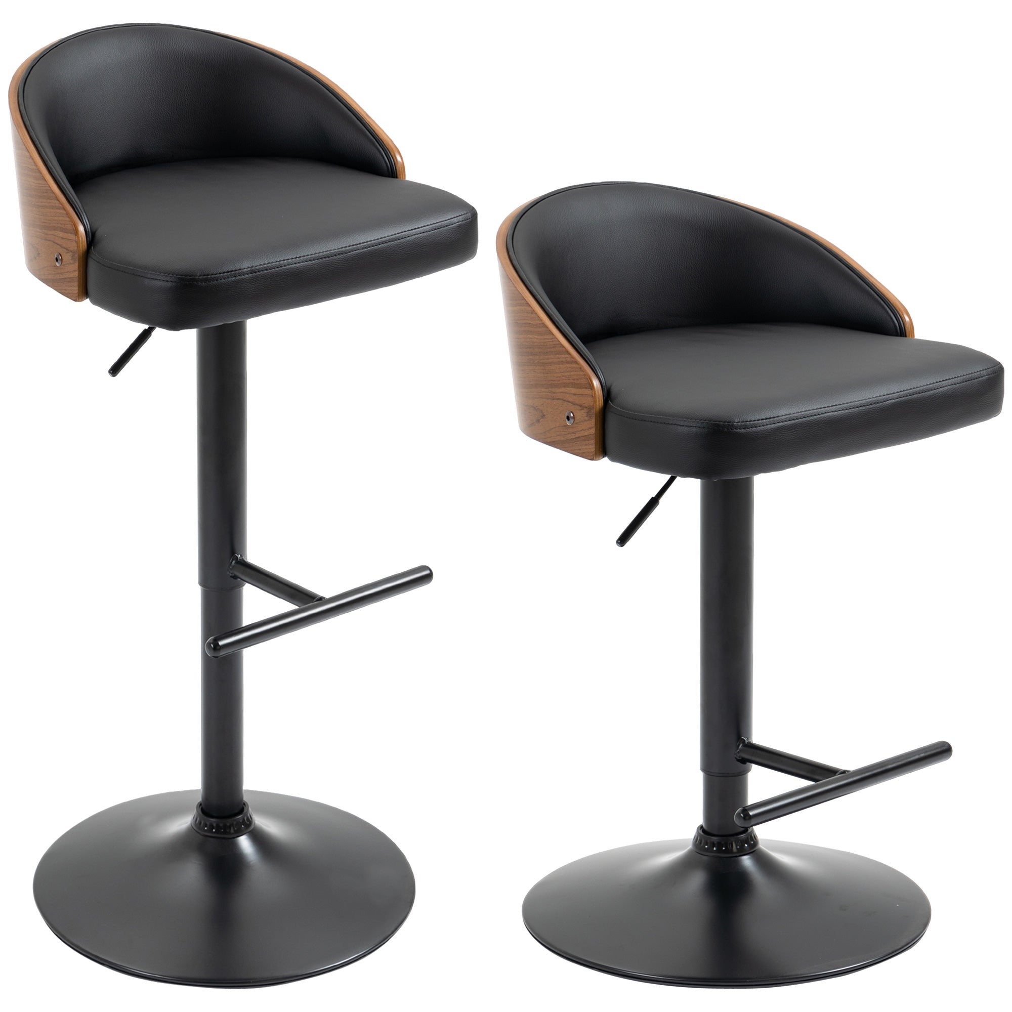 HOMCOM Barhocker 2er Set, Gepolstert Barstuhl aus Stahl und Massivholz, Höhenverstellbar Küchenstühle mit Fußstütze, 360° Drehbar, Tresenhocker für Küche, Wohnzimmer, Esszimmer, Schwarz+Kaffee