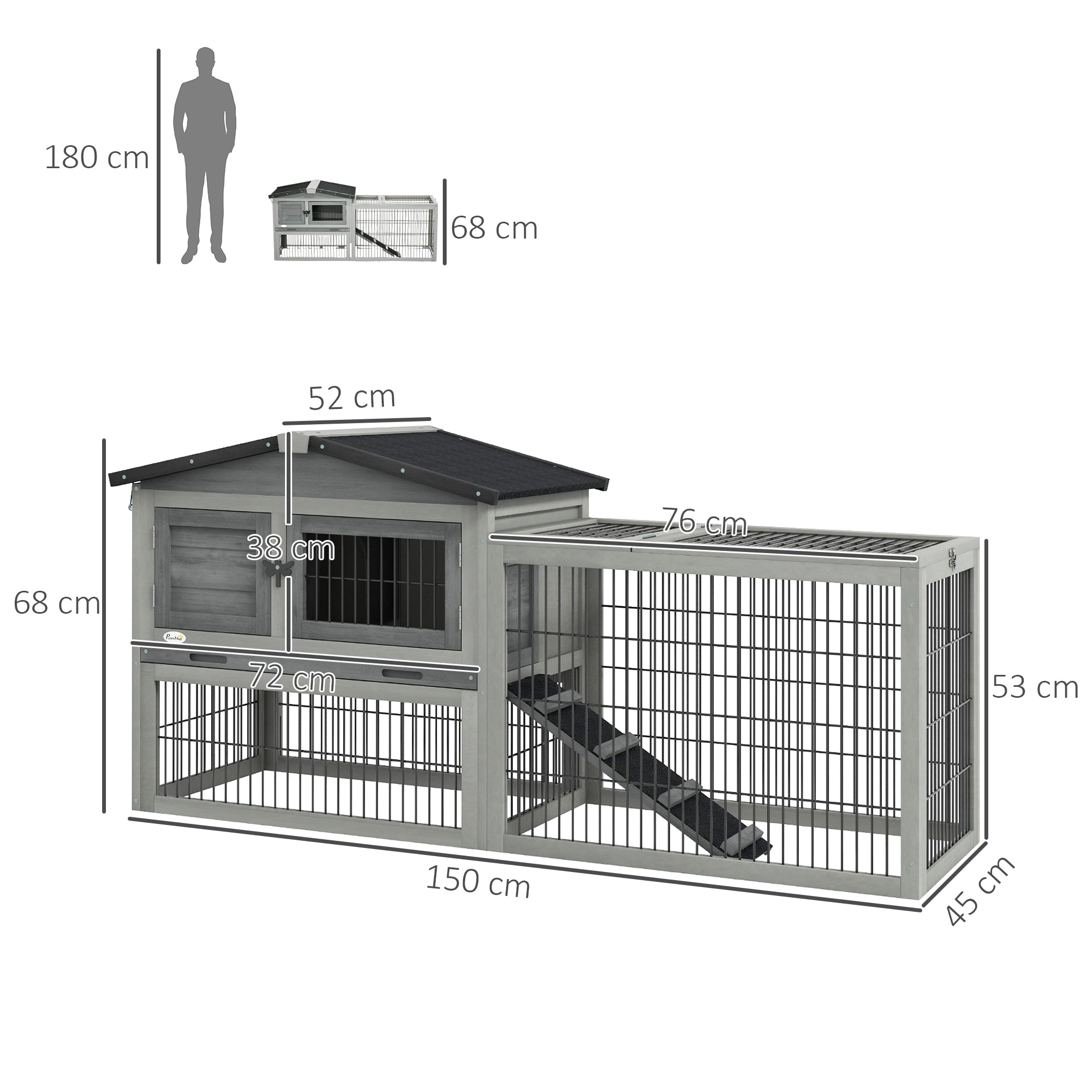 PawHut Kleintierstall kleintierkäfig mit Freigehege Meerschweinchenstall Freilaufgehege Grau