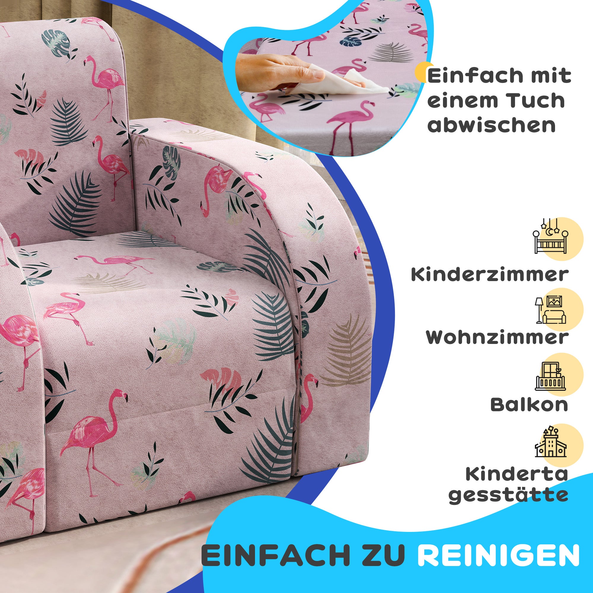 AIYAPLAY Kindersessel mit Bettfunktion, bis 3 Jahre/45 kg, Flamingo-Muster, 46,5x93x28,5 cm, Rosa