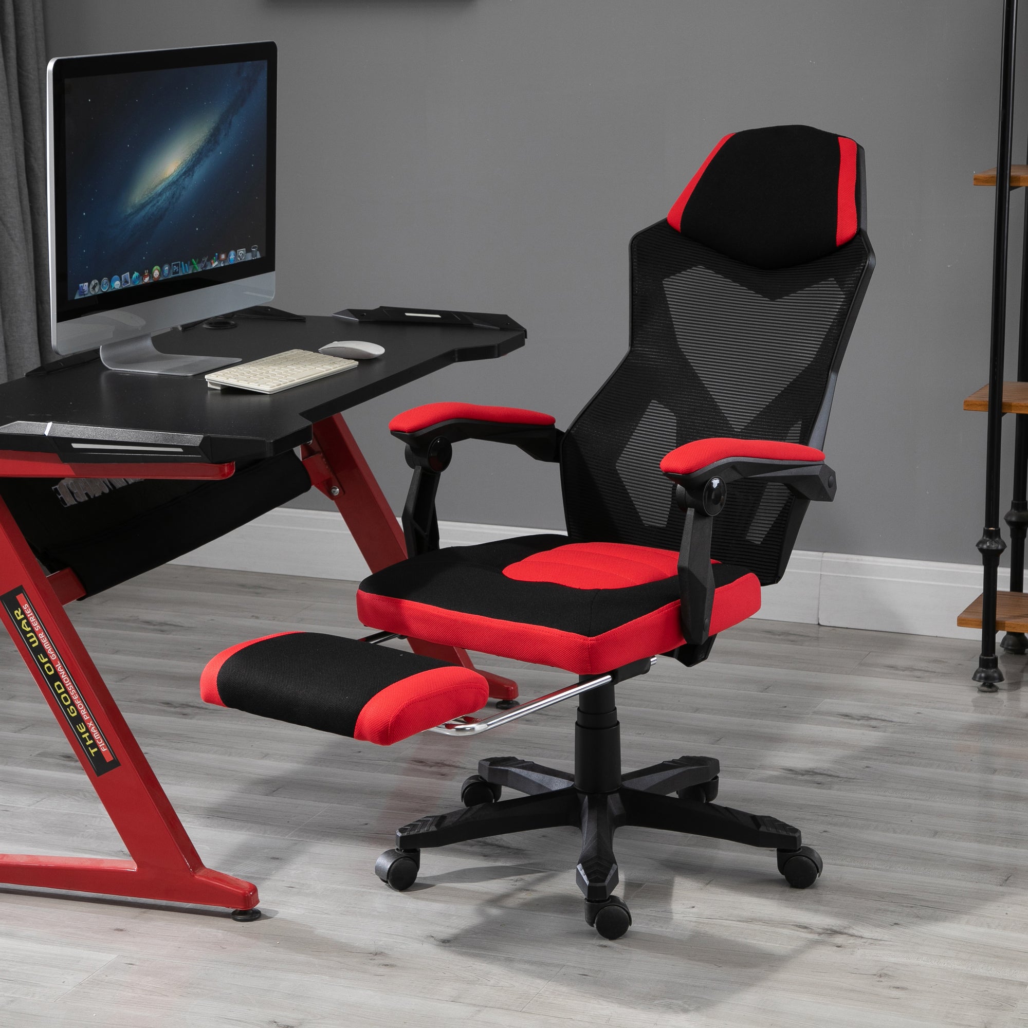 Vinsetto Ergonomischer Bürostuhl, Gaming Stuhl, Drehstuhl mit Fußstütze, PC Stuhl, Chefsessel,  höhenverstellbar, Polyester, Schwarz+Rot,58 x 63 x 112-122 cm