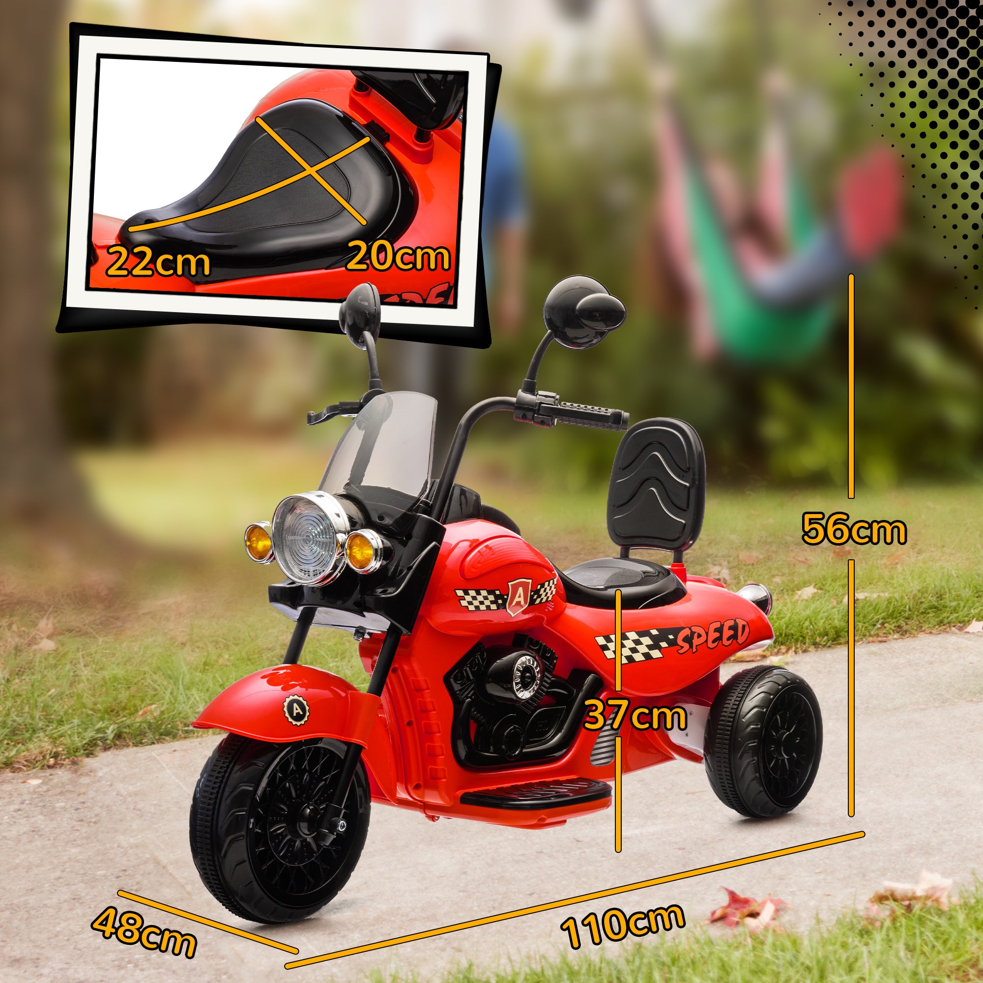 AIYAPLAY Elektro-Kinder-Motorrad, 3 Räder, 6V Batterie-Betrieb, Scheinwerfer, Musik, für Kinder im Alter von 3-6 Jahren, Rot