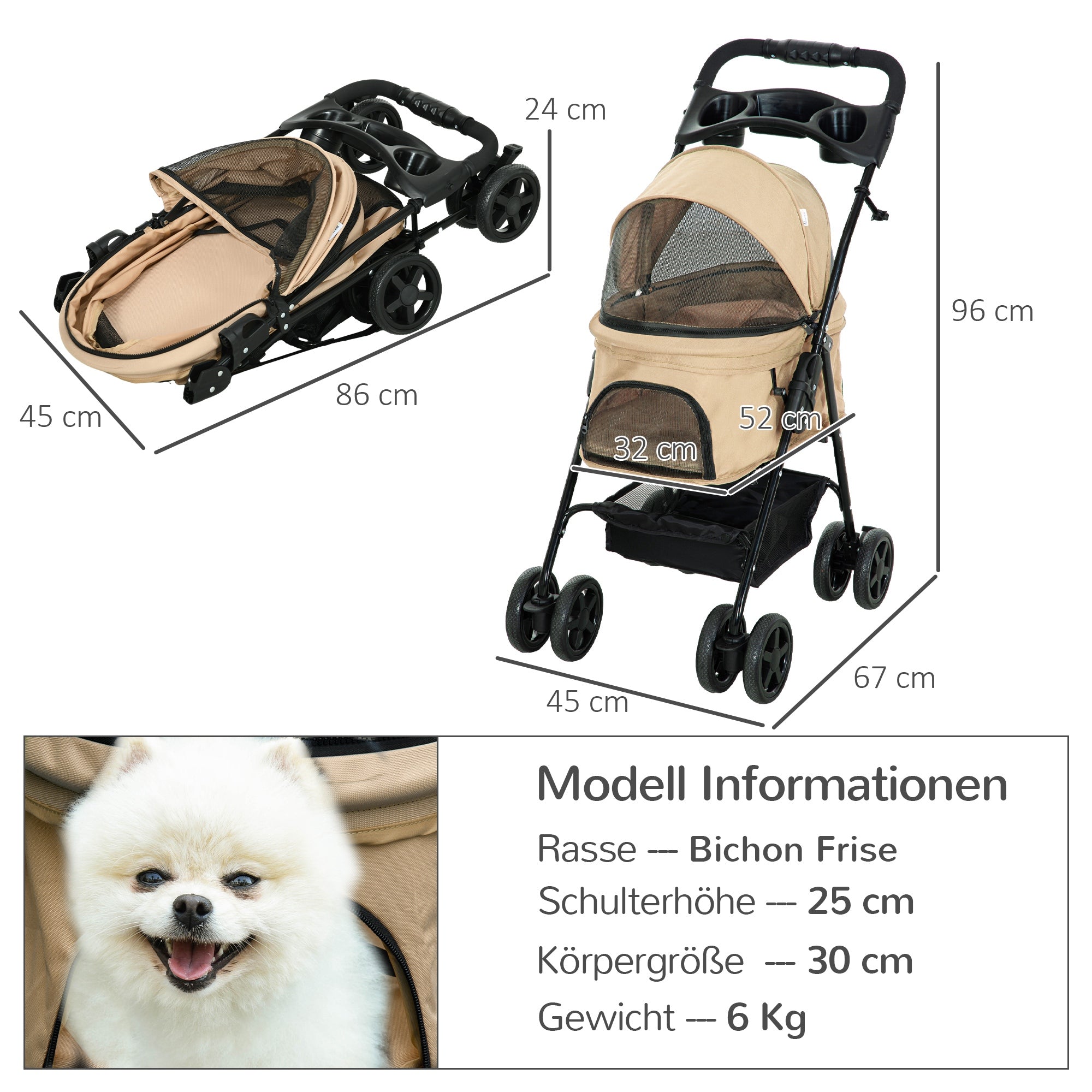 PawHut Hundewagen Hundebuggy, klappbar, 2 Sicherheitsleinen, 2 Becherhalter,  67 x 45 x 96 cm, Khaki