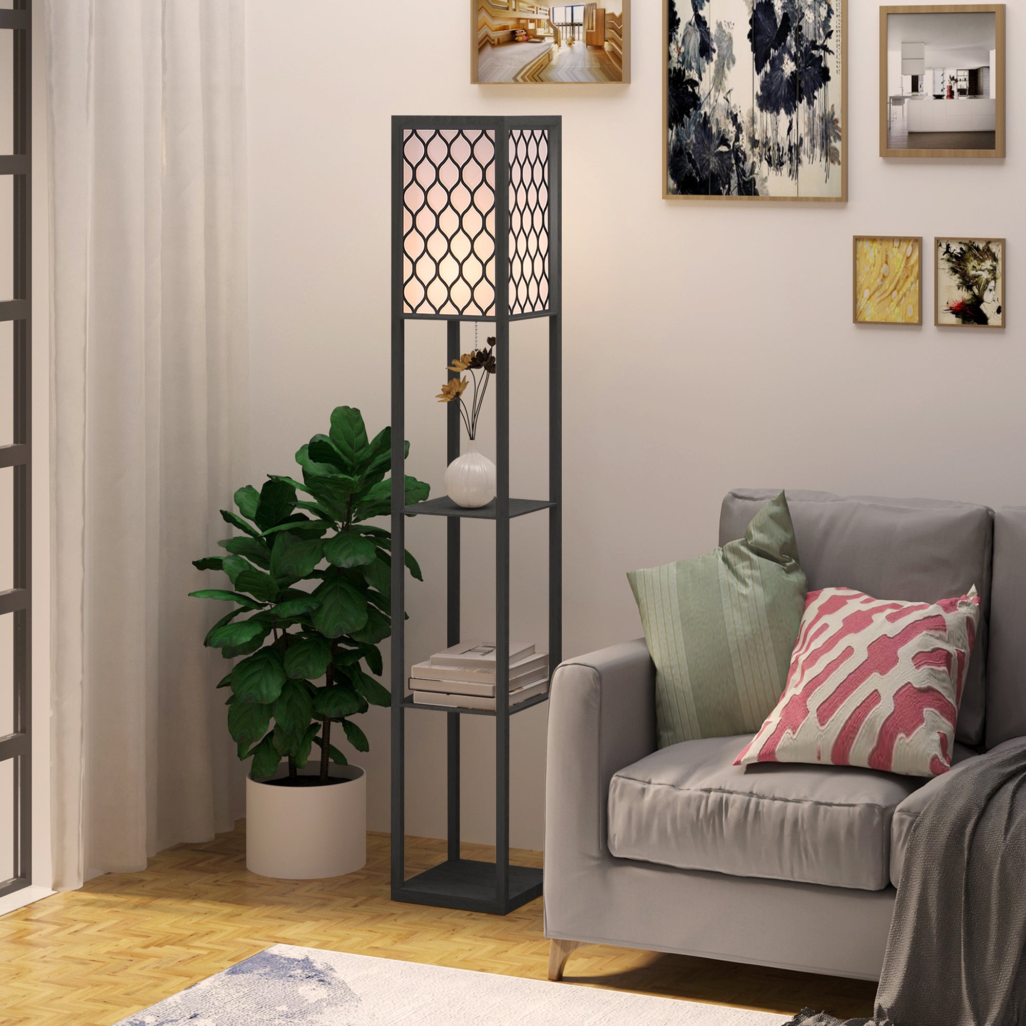 HOMCOM Stehlampe Wohnzimmer mit Regal, Stehleuchte Standleuchte mit E27 Fassung für Wohnzimmer Schlafzimmer, exkl. Glühbirne