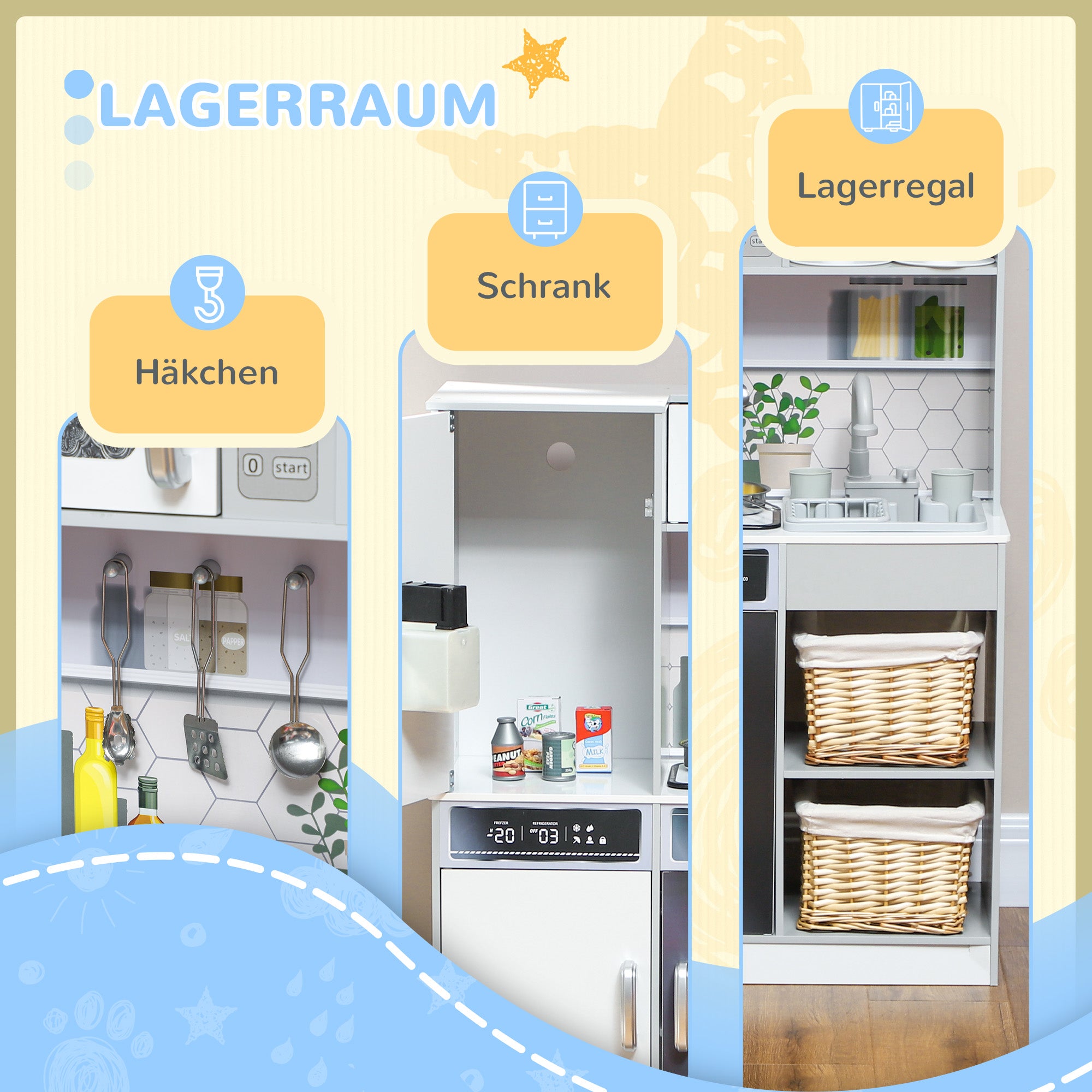 AIYAPLAY Spielküchen-Set mit Edelstahl-Geschirrset, Herd, Spüle mit Wasserkreislauf, Licht- & Soundeffekte, Weiß
