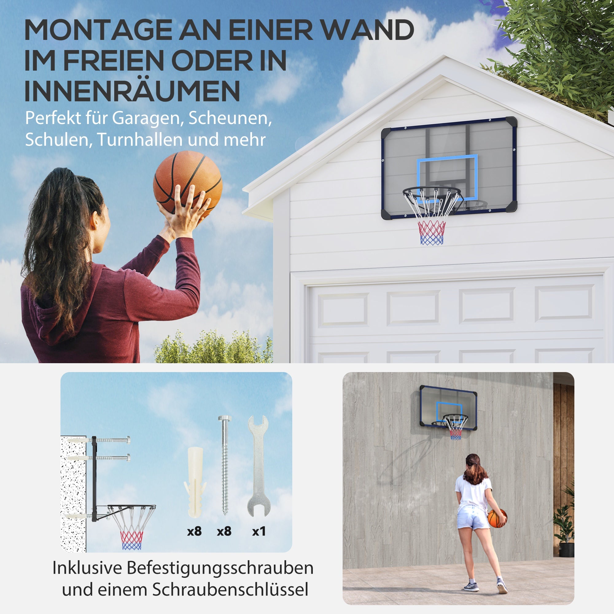 SPORTNOW Basketballkorb, universelle Wandhalterung, reißfestes Netz, rostfreier Stahlrahmen, 113 x 61 x 73 cm