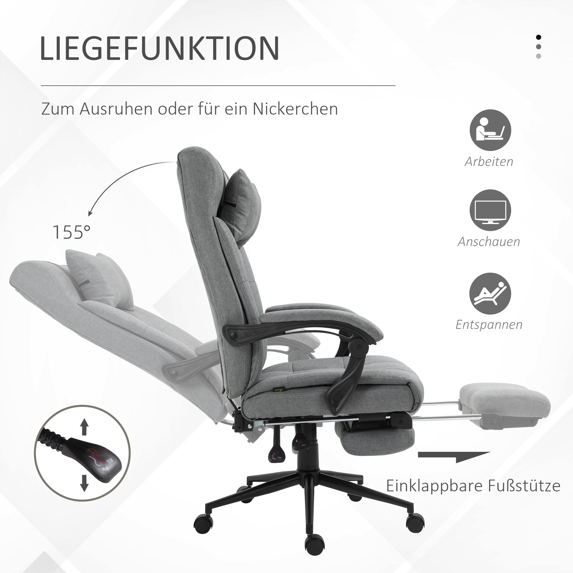 Vinsetto Bürostuhl mit Kopfkissen Armlehne Schreibtischstuhl mit Neigungswinkel Höhenverstellbarer Drehstuhl mit Fußstütze Leinen Schaumstoff PVC Hellgrau 66 x 76 x 112-120 cm