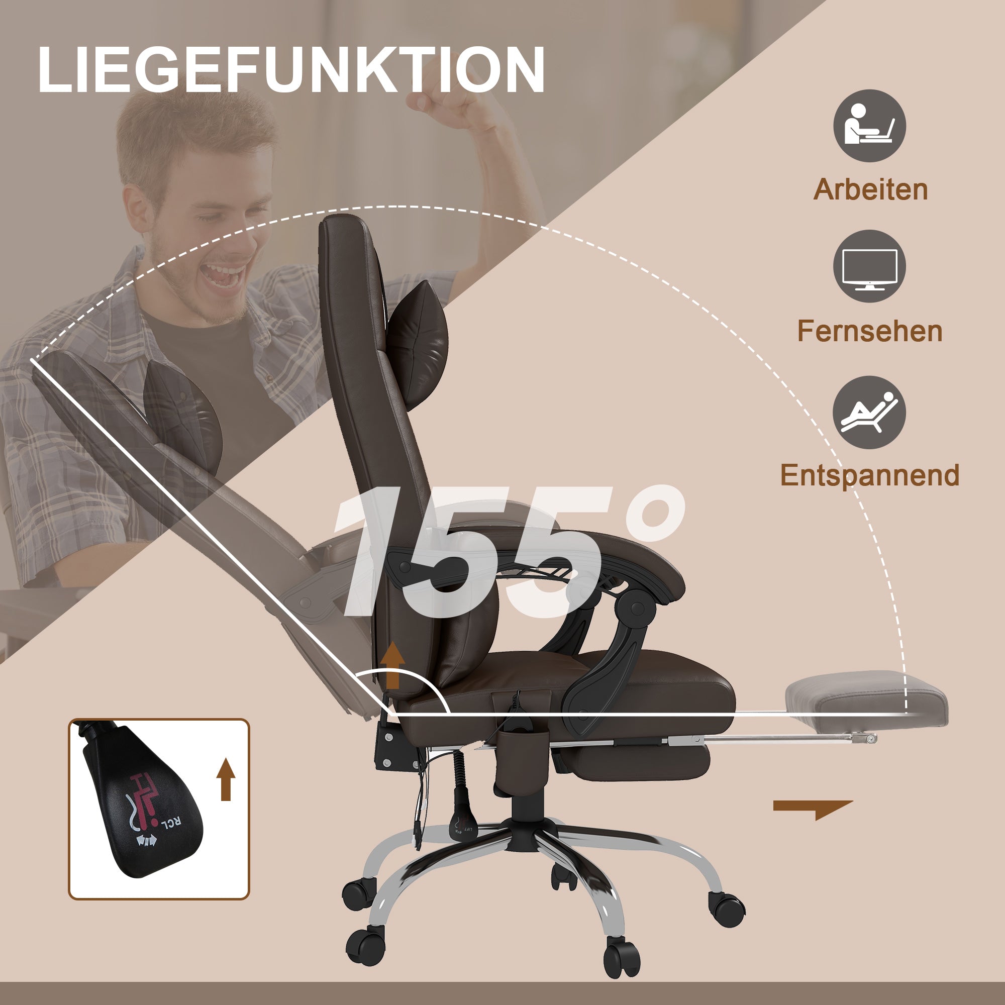 Vinsetto Bürostuhl mit Massagefunktion, Ergonomischer Schreibtischstuhl mit Liegefunktion, Kopfkissen, höhenverstellbar, Braun