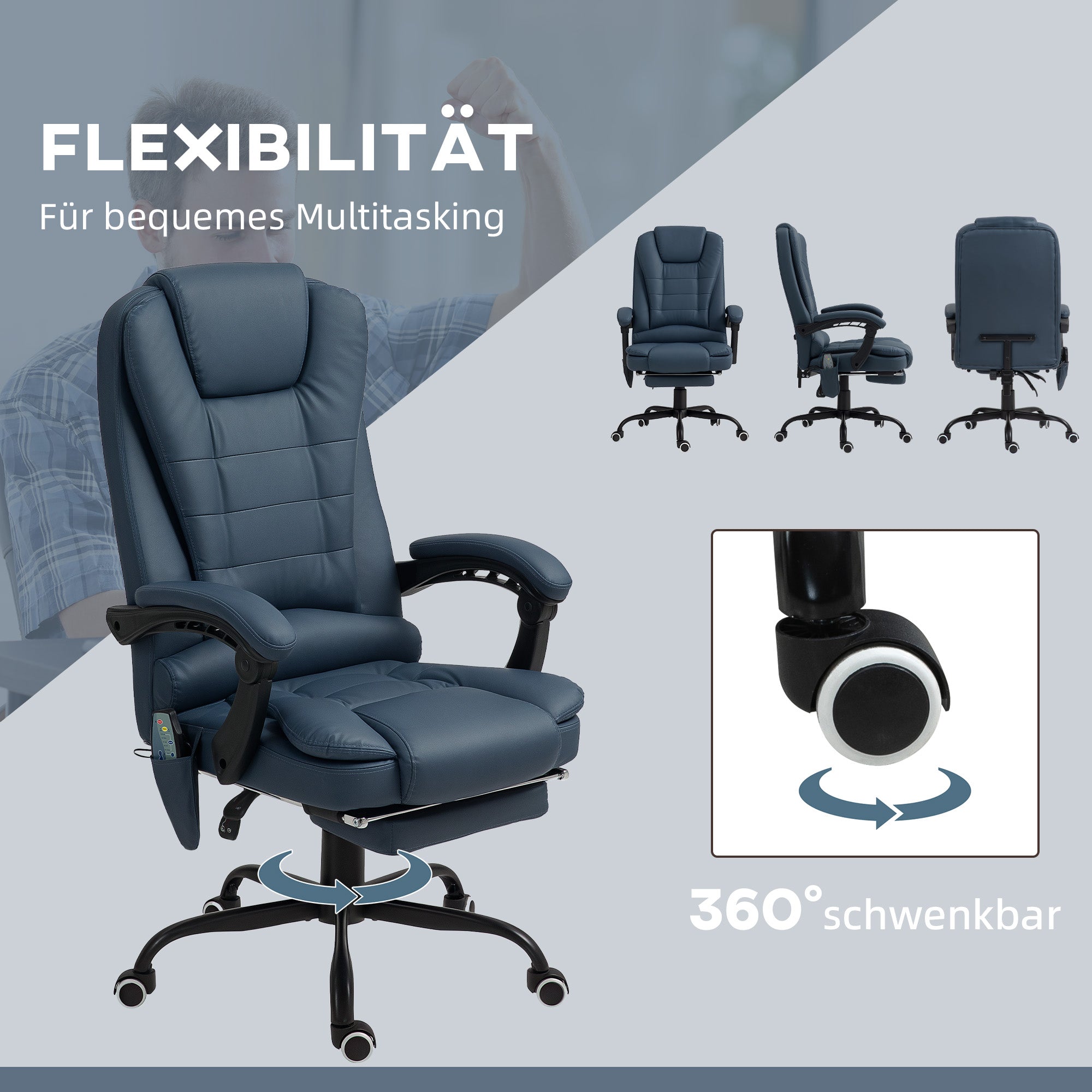 Vinsetto Massage-Bürostuhl, 7 Vibrationspunkte, verstellbare Fußstütze & Lehne, bis 120 kg, Lederoptik, Blau
