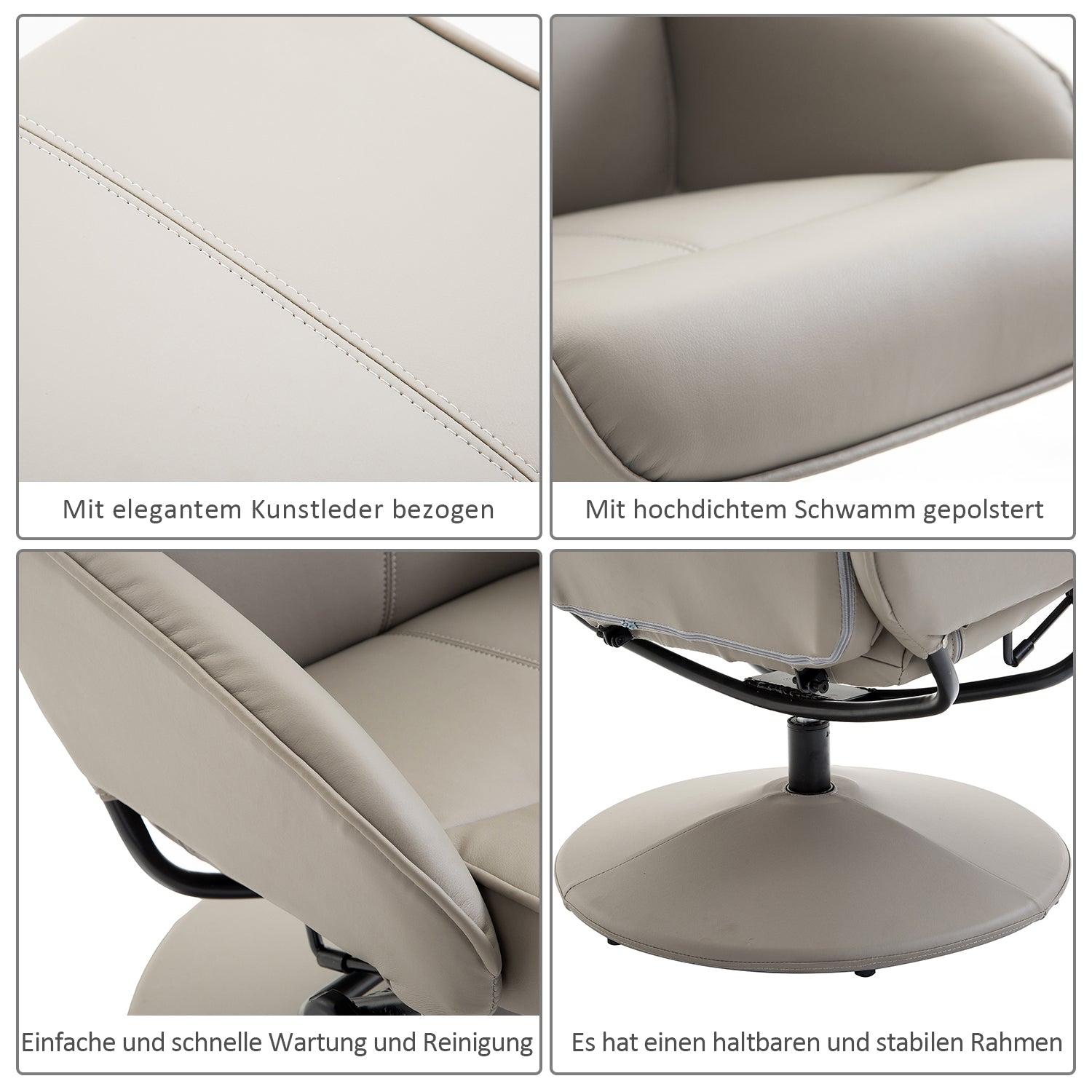 HOMCOM Relaxsessel mit Hocker, 360°drehbarer Fernsehsessel mit Liegefunktion, TV Sessel, Kunstleder, Lesesessel für Wohnzimmer, Schlafzimmer, Grau