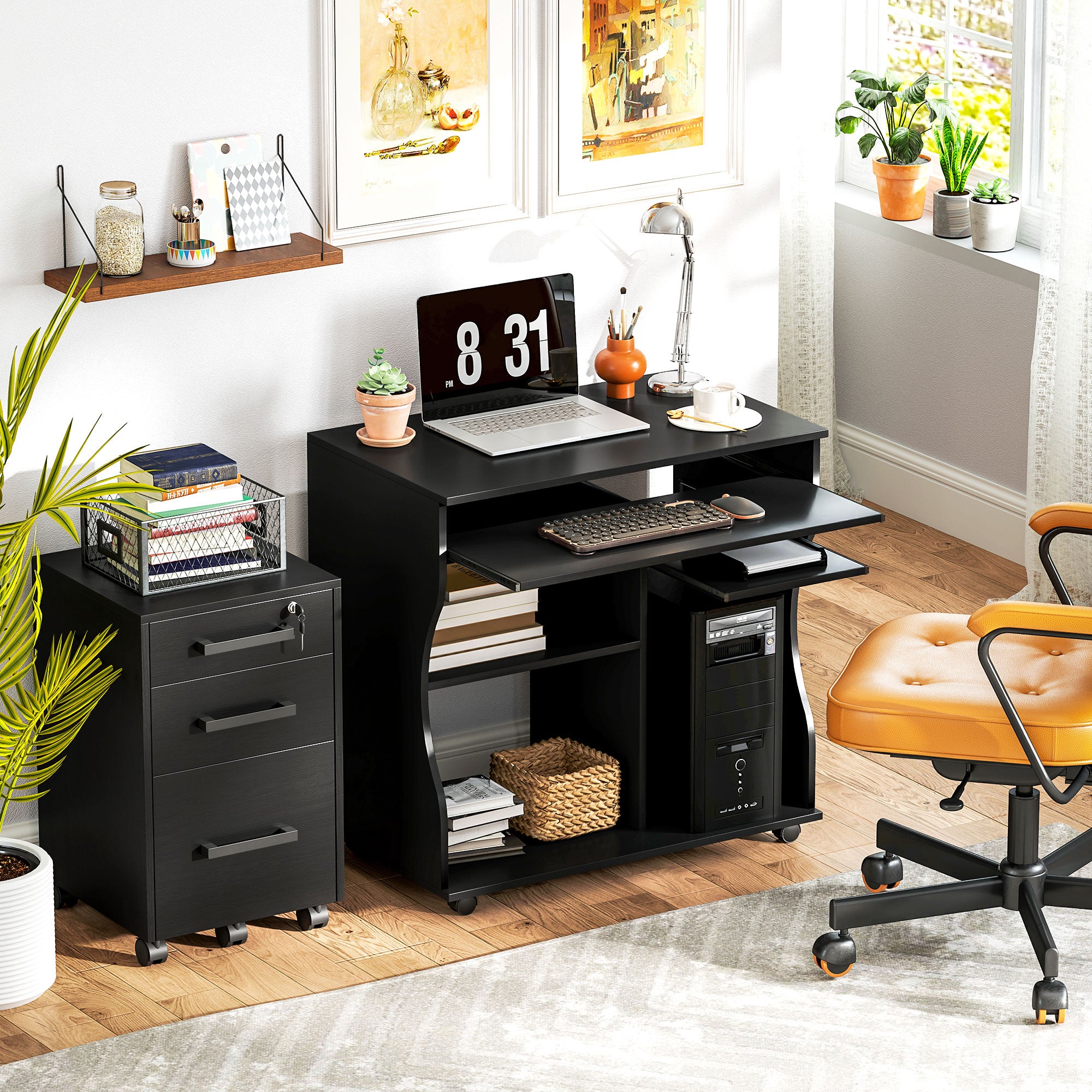 HOMCOM Computertisch mit Rollen, Schreibtisch mit Stauraum, 80 x 48 x 75 cm, Schwarz