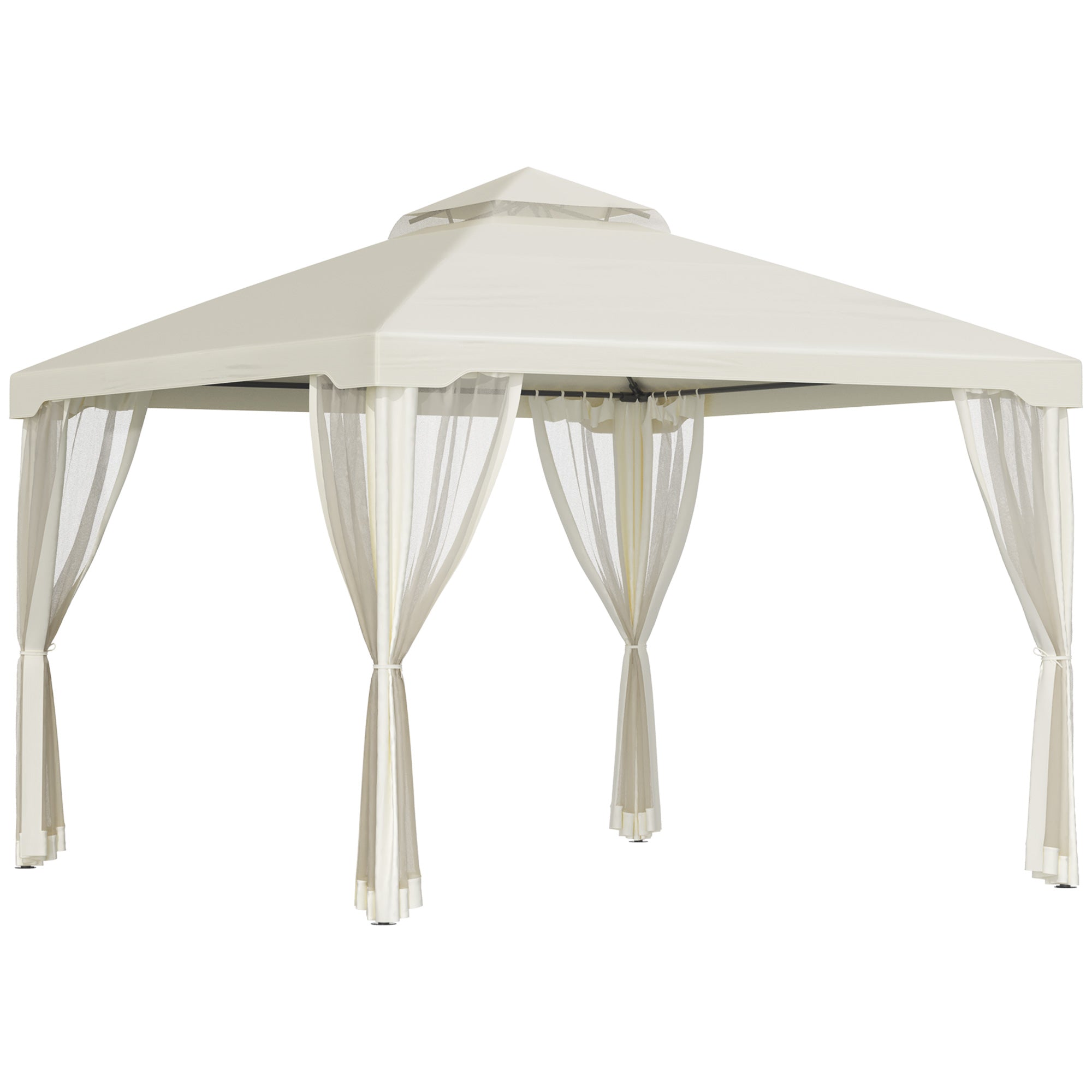 Outsunny Pavillon mit Doppeldach, ca. 3x3 m Wasserdicht Stabil Winterfest Gartenpavillon mit Moskitonetz, Seitenteile, Garten-Pavillon aus Metall, für Garten, Terrasse, Cremeweiß