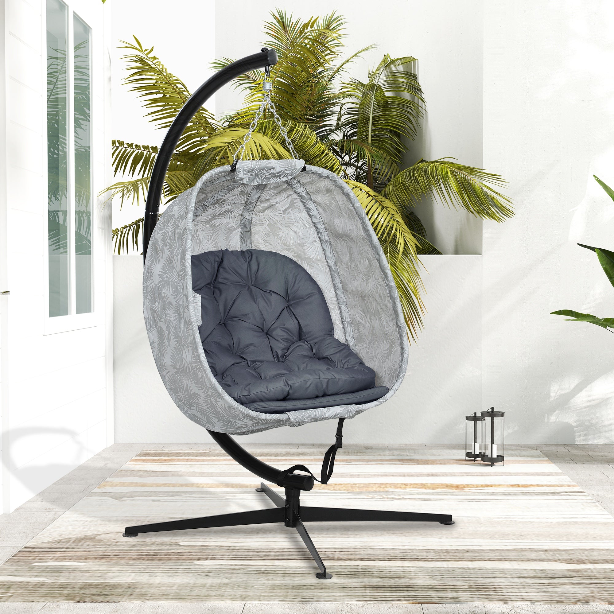 Outsunny Eiförmiger Hängesessel für den Außenbereich, Hängeschaukel mit Gestell, Sitzpolstern Indoor Outdoor