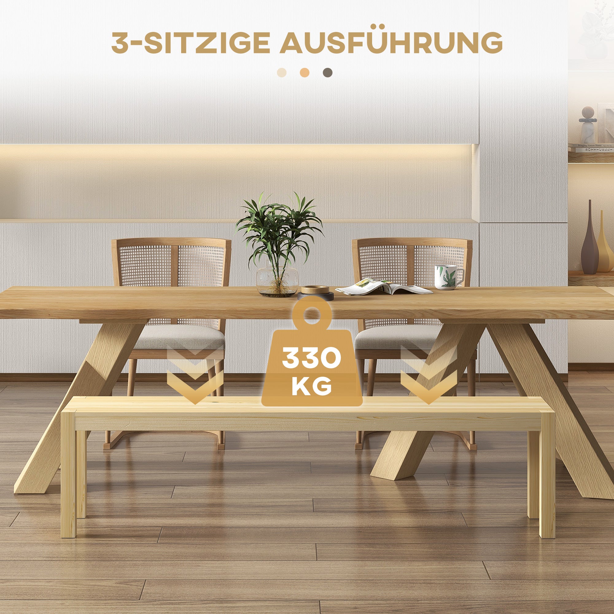 HOMCOM Sitzbank, Platz für 3 Personen, bis 330 kg, Kiefernholz, 175x33x45 cm