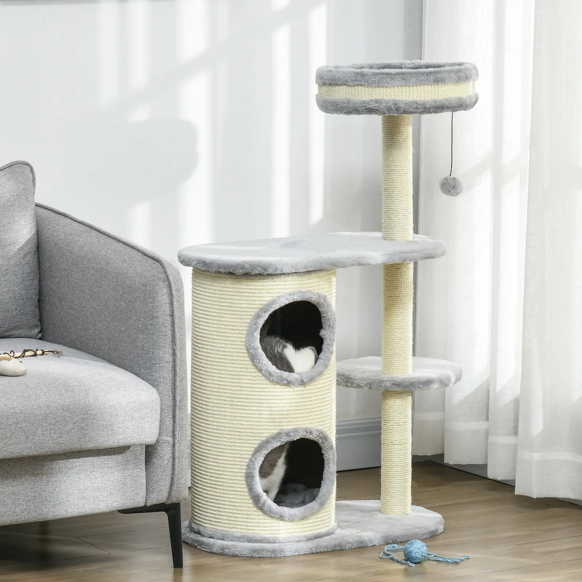 PawHut Kratzbaum für Katzen, Sisal-Seilpfosten, weicher Plüsch, mehrstufig, Ballspielzeug, Grau, 59x35x100 cm