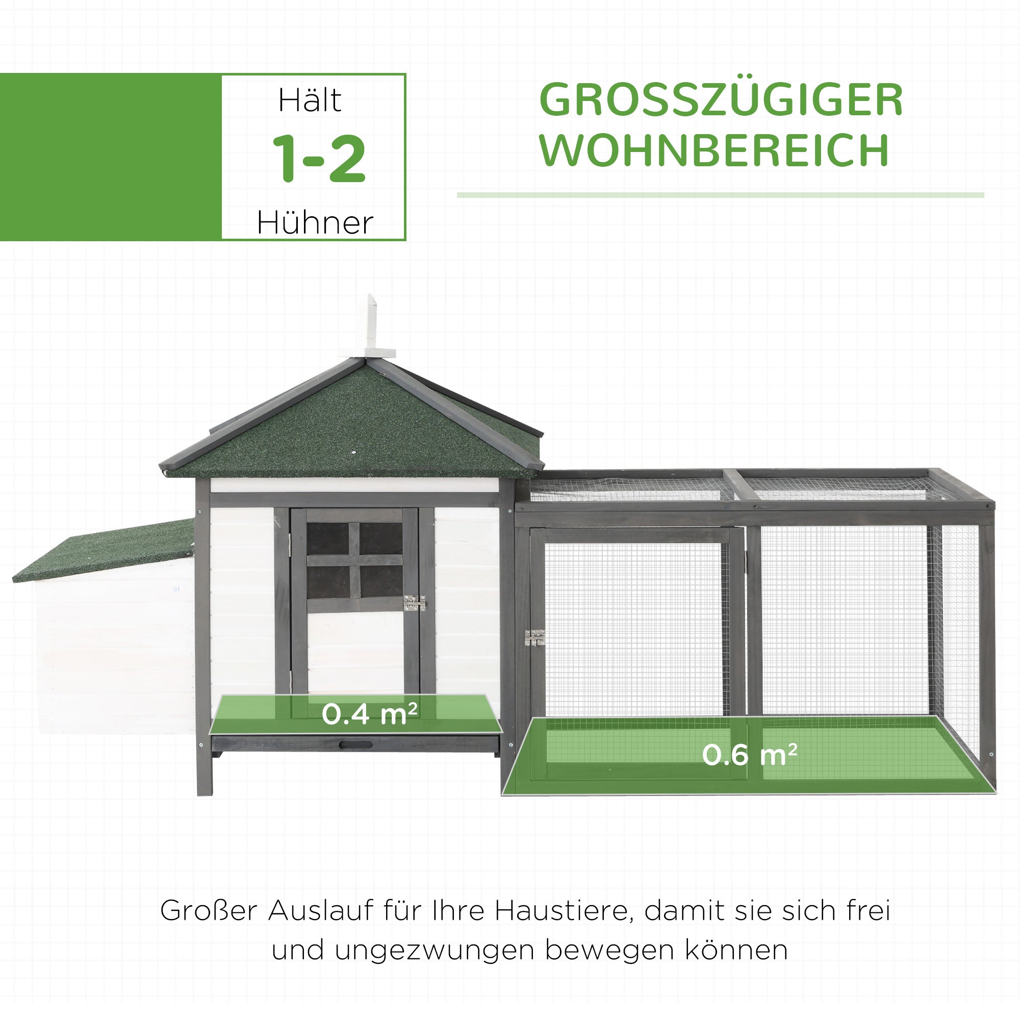 PawHut Hühnerstall für Zwerghühner 196 x 76 x 97 cm Hühnerhaus mit Nistkasten, Freilaufgehege Sitzstange, Kleintierstall aus Holz, Grau