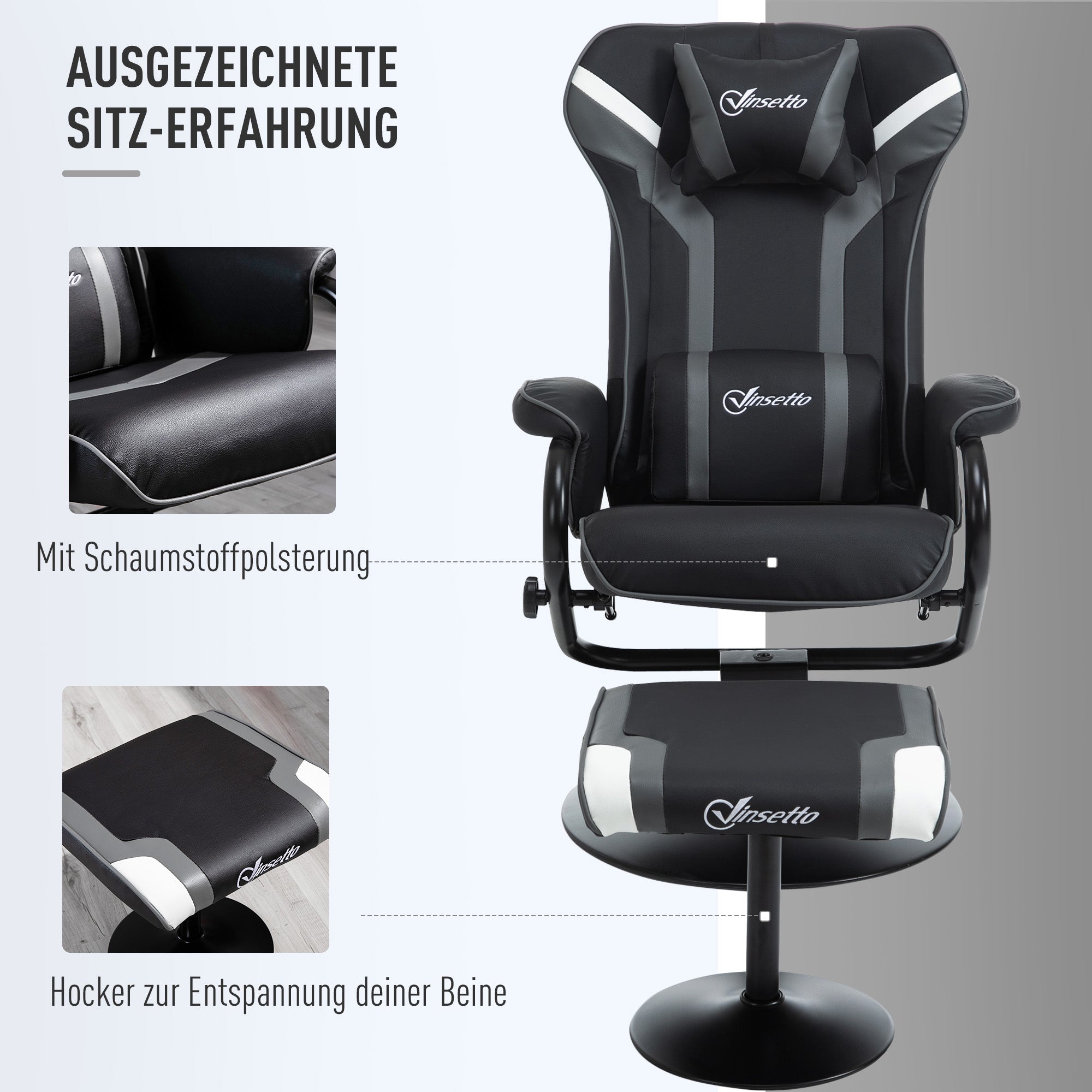 Vinsetto Relaxsessel neigbar mit Hocker 67 x 82,5 x 103cm Stahl Schwarz+Grau
