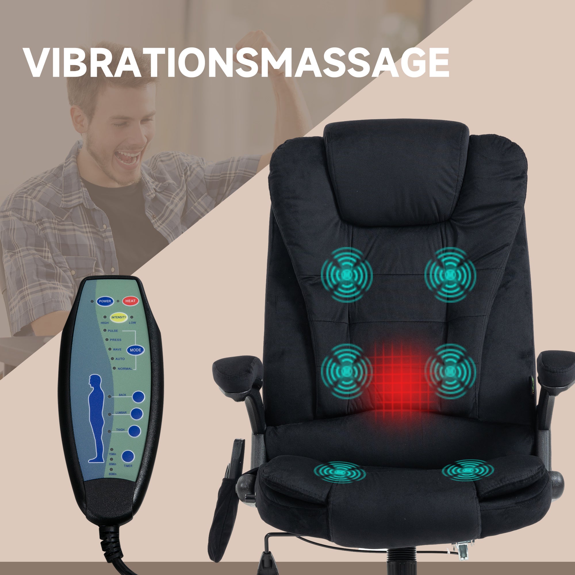 Vinsetto Bürostuhl mit Massage- & Wärmefunktion, ergonomisch, höhenverstellbar, Schwarz