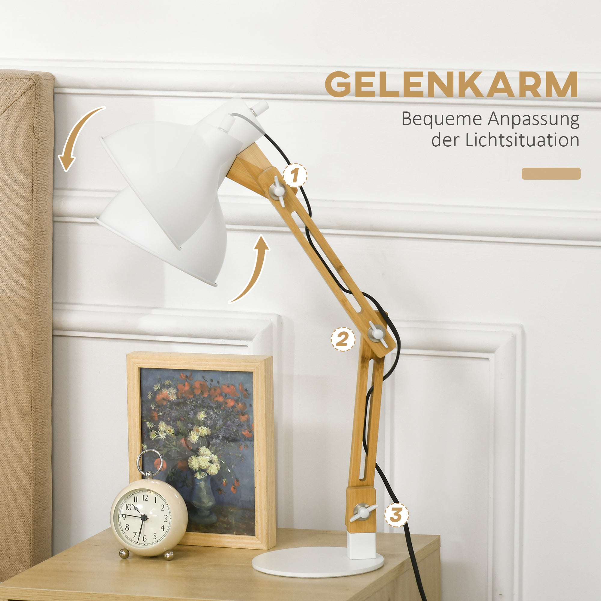 HOMCOM Schreibtischleuchte in Vintage-Design, Bambus, verstellbarer Schwenkarm, Weiß + Natur