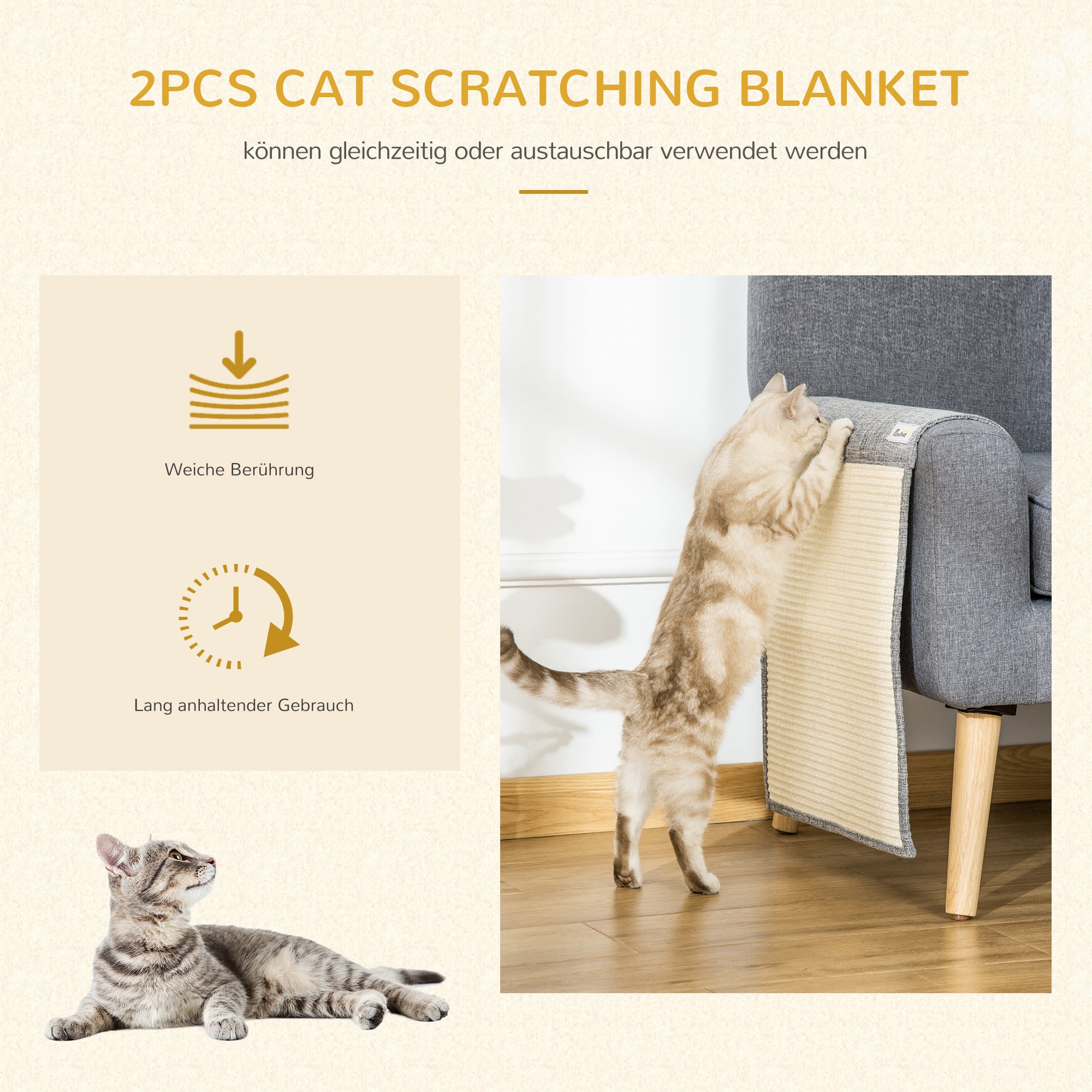 PawHut 2er Kratzmatte Kratzschutz Sofa Sisal Kratzteppich für Katze Sessel Couch Katzenkratzmatte Grau 130 x 45 x 0,3 cm