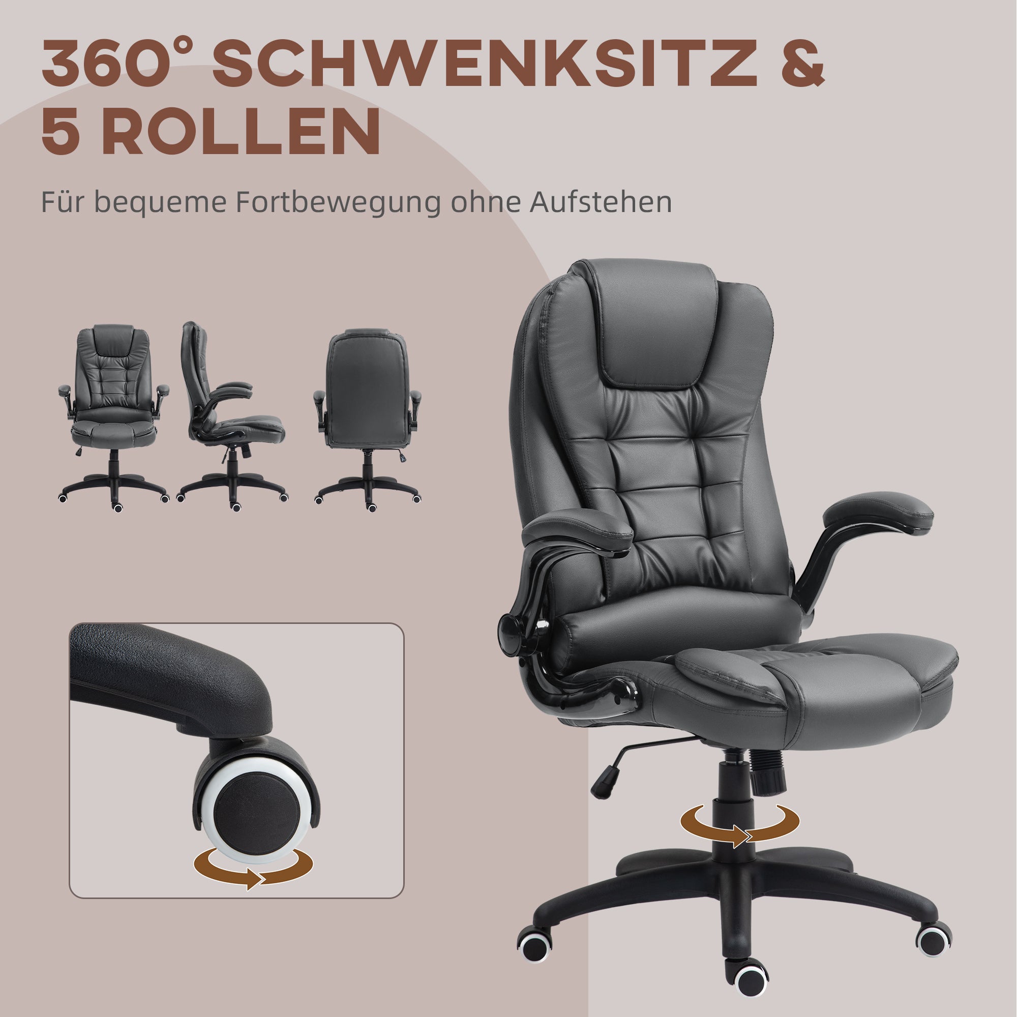 HOMCOM Ergonomischer Bürostuhl, klappbare Armlehnen, Neigefunktion, Dunkelgrau