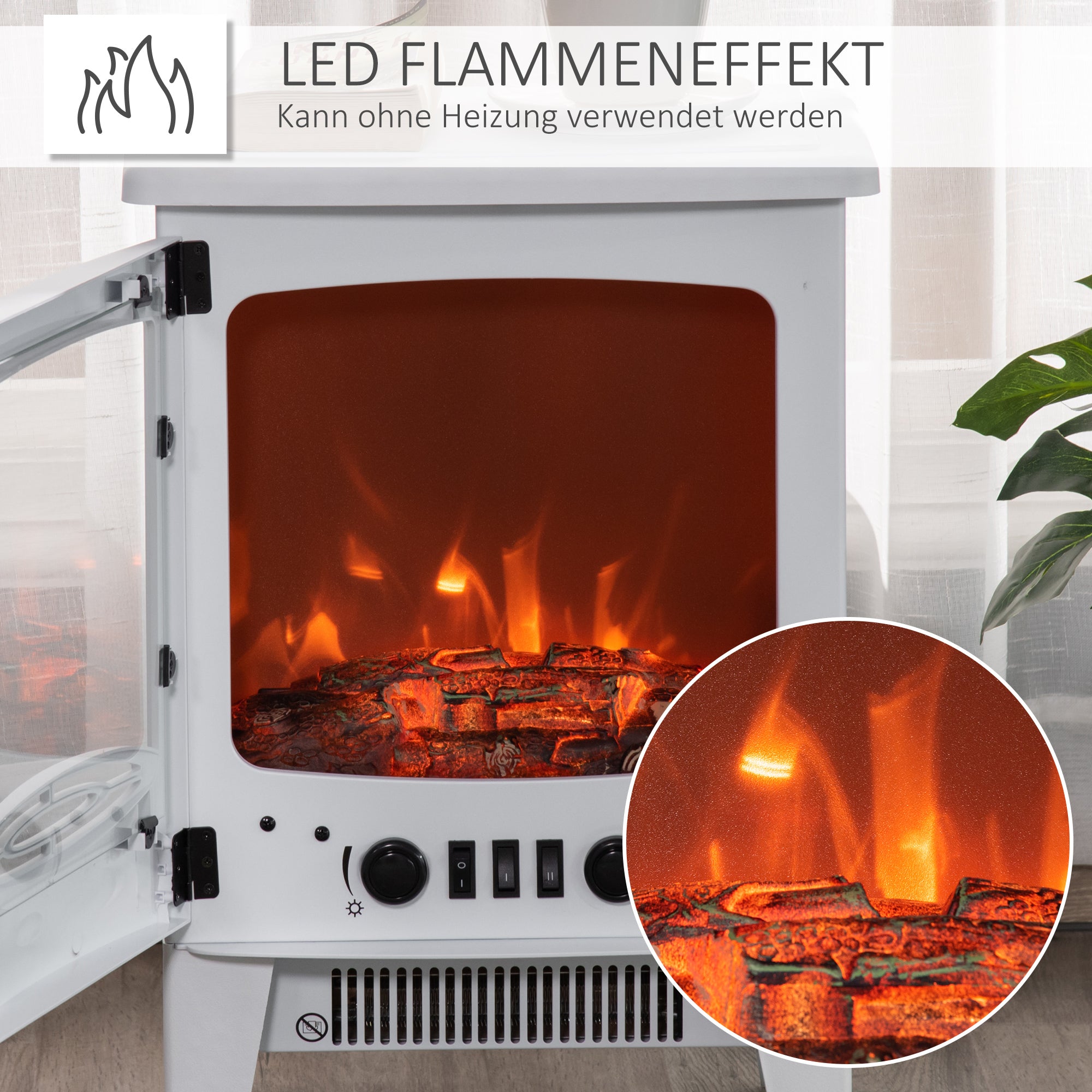 HOMCOM LED Elektrokamin Standkamin Kaminofen mit Flammeneffekt 900/1800W Metall ABS-Kunststoff Glas Weiß 39 x 26 x 54,8 cm