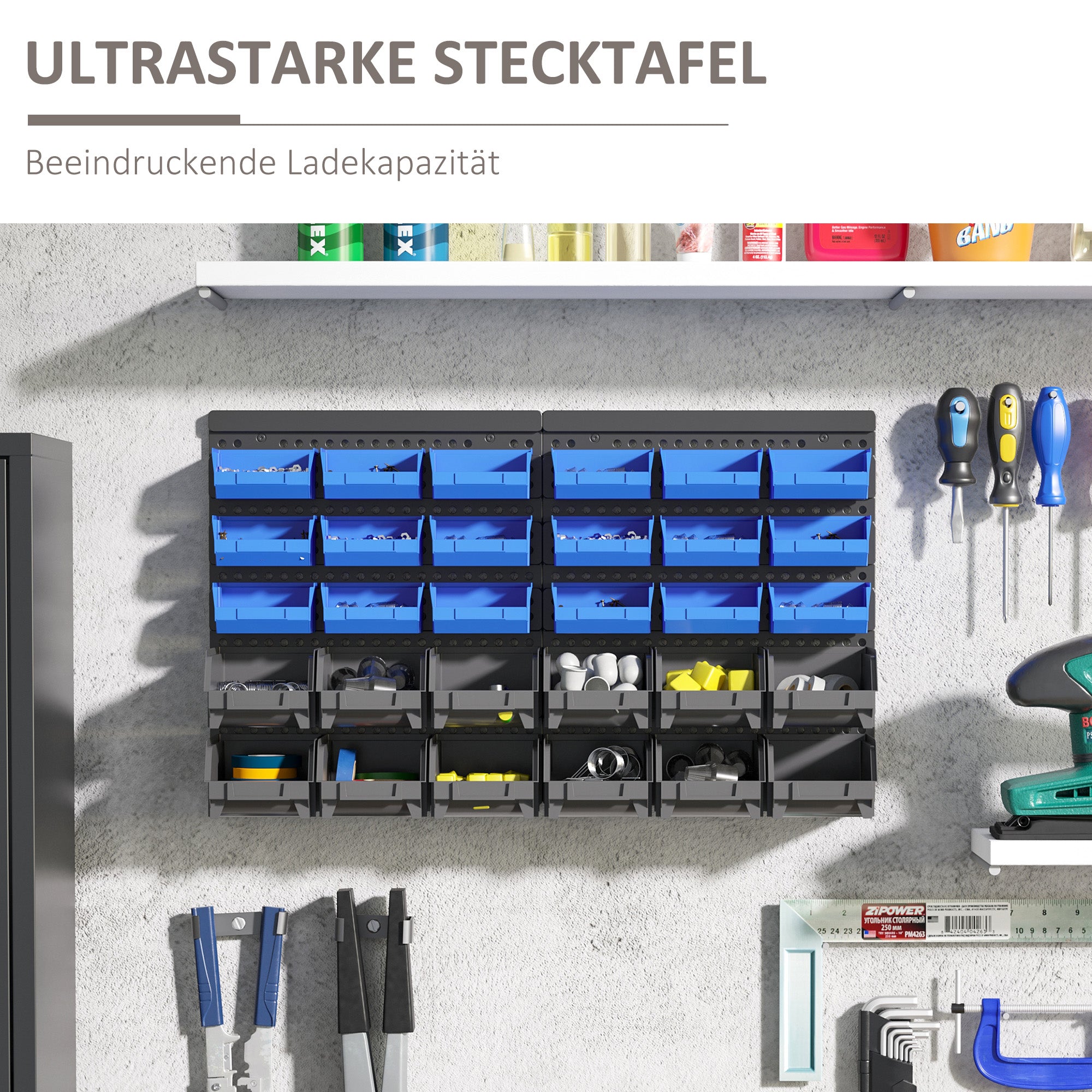 DURHAND Schüttenregal, Werkstattmagazin, 30 Boxen in 2 Größen, stapelbar, 63x18x37,5cm, Blau