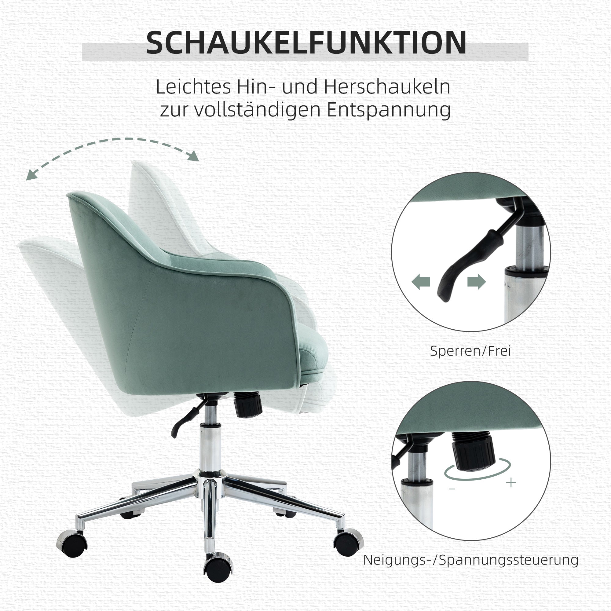 Vinsetto Schreibtischstuhl mit Knopfheftung, höhenverstellbar, Wippfunktion, Samtoptik, 61 cm x 59 cm x 90,5 cm, Türkis