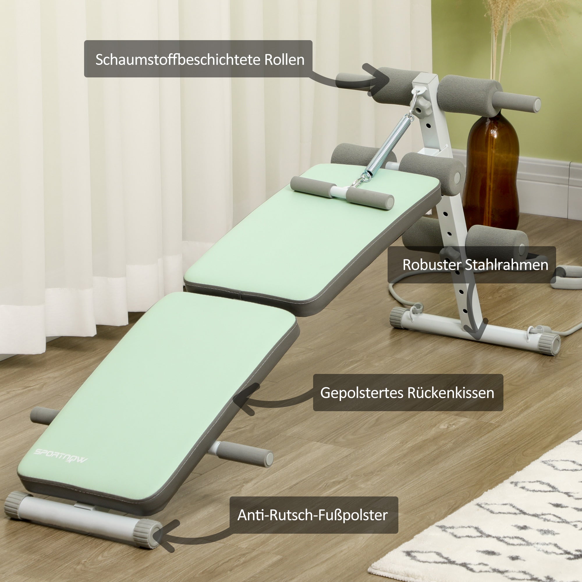 SPORTNOW Trainingsbank, Bauchtrainer, höhenverstellbar, klappbar, 2 Widerstandsbänder, Stahl, grün, 51 x 137 x 50-66 cm