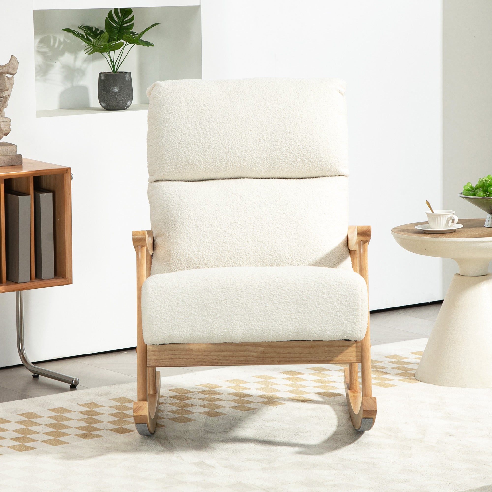 HOMCOM Schaukelstuhl, Stoffbezug in Samtoptik, Ergonomische Rückenlehne, 120 kg Belastbarkeit, 65B x 90T x 98H cm, Cremeweiß