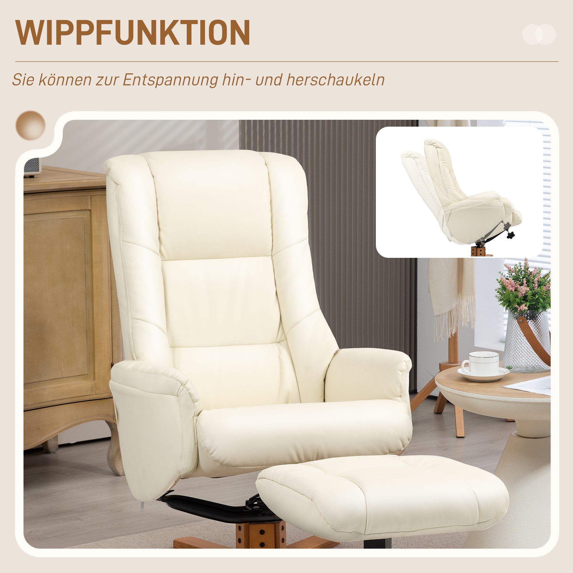 HOMCOM Relaxsessel mit Hocker, Liegefunktion, Kunstlederbezug, bis 150 kg, 71 x 84 x 102 cm, Cremeweiß