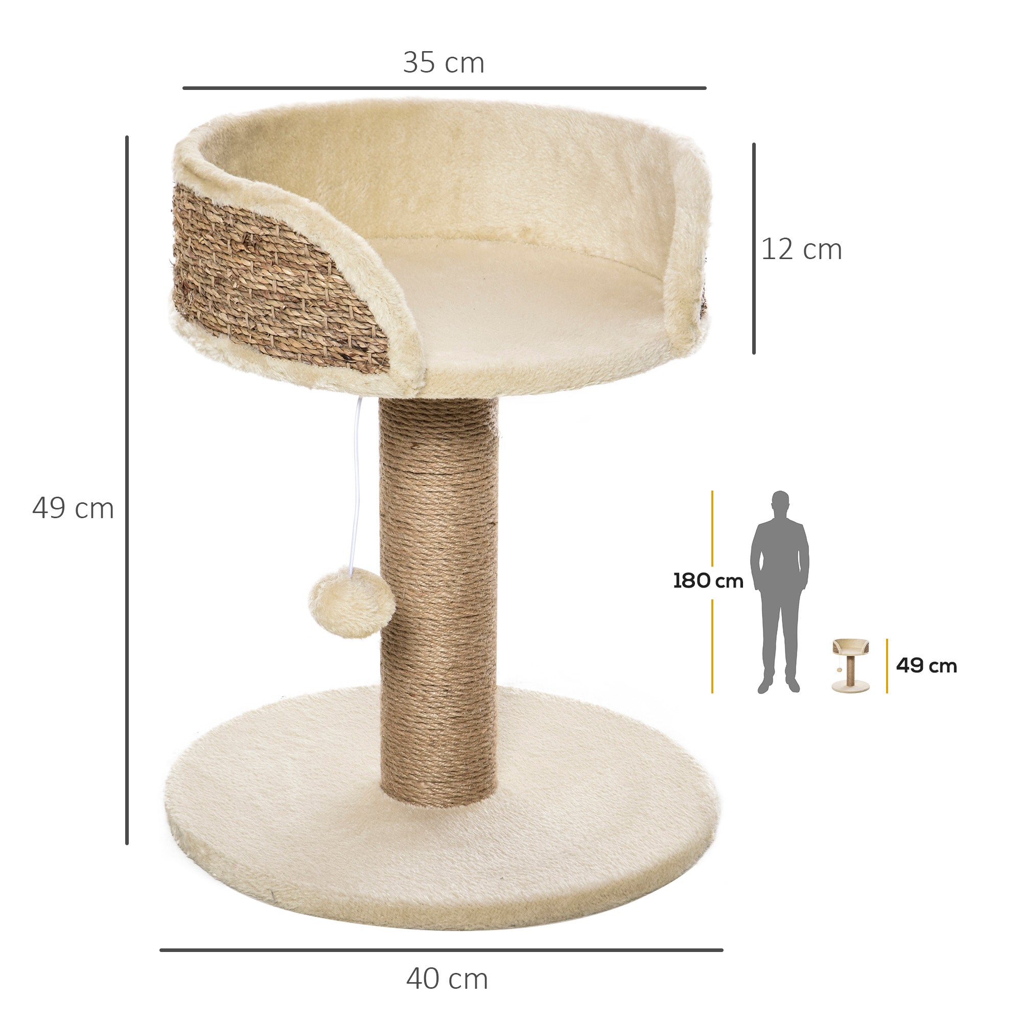 PawHut Kratzbaum Katzenbett Katzenkorb, inkl. Spielball, 40 cm x 40 cm x 49cm, Natur + Cremeweiß