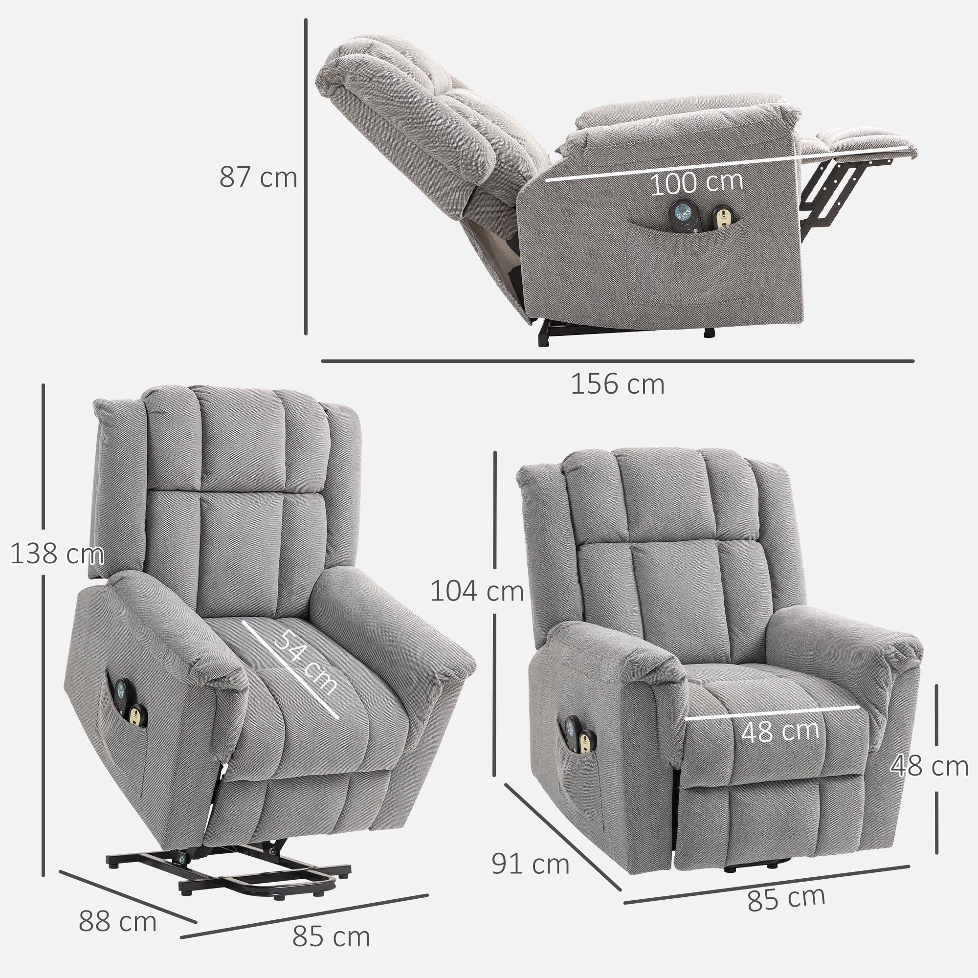 HOMCOM Powerlift-Sessel, Massagesessel mit Wärmefunktion, Polstersessel mit Fußstütze, Seitentasche, Stoffbezug, Dunkelgrau