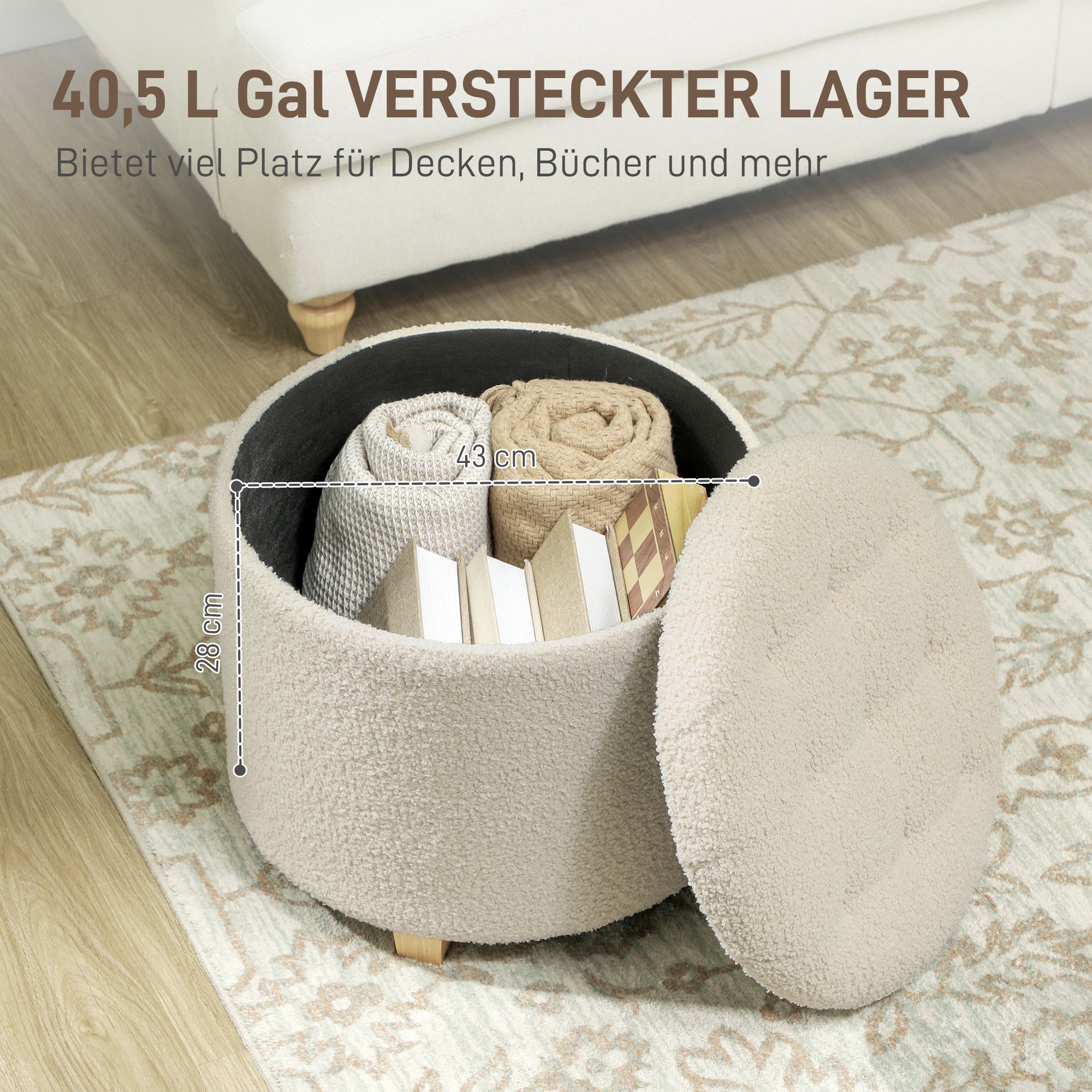 HOMCOM Runder Sitzhocker mit Stauraum, Deckel und Holzbeinen, Fußhocker für Wohnzimmer, Flur, Schlafzimmer, Cremeweiß
