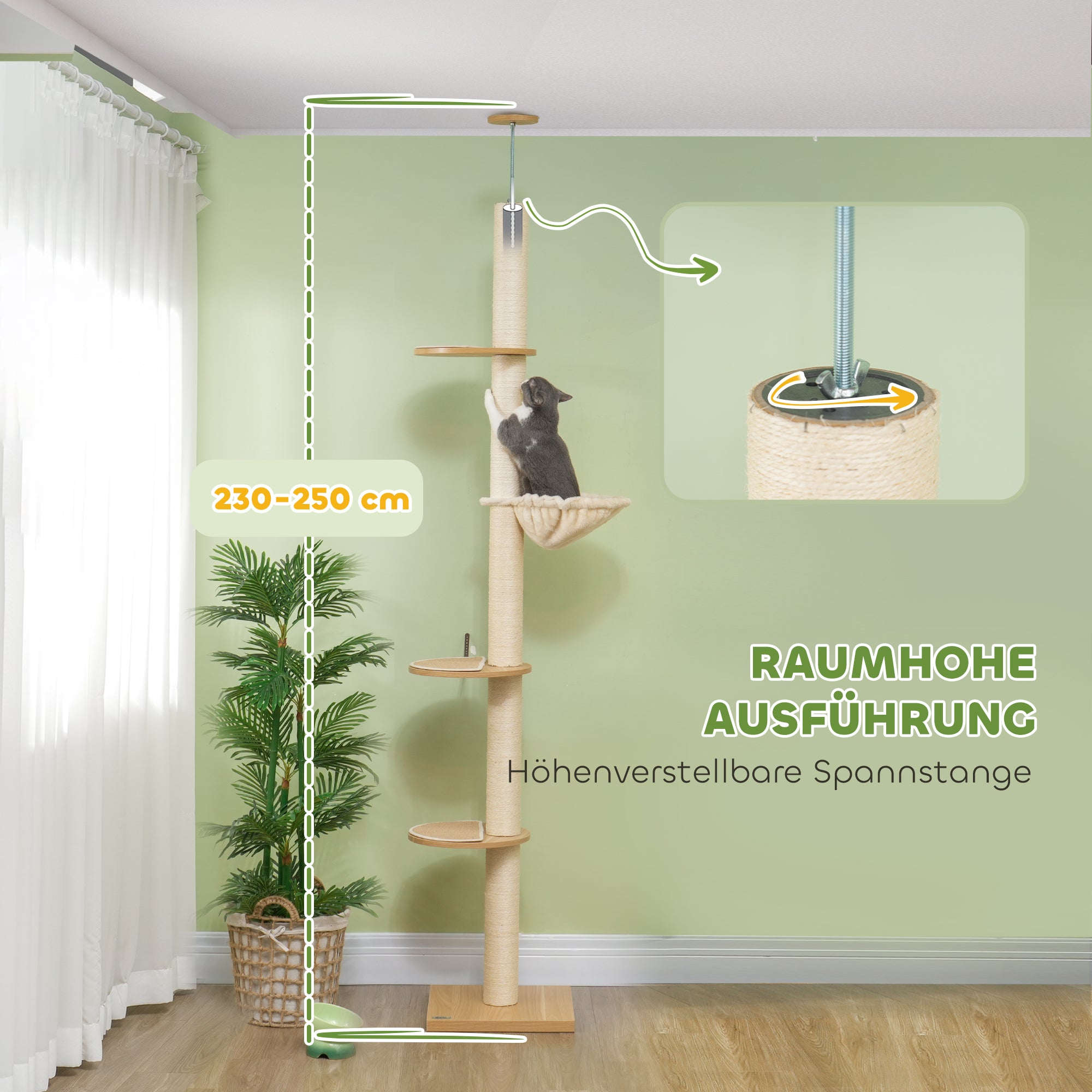 PawHut Deckenhoher Kratzbaum, Anti-Kipp-Sicherung, Sisal-Seilpfosten, Holzwerkstoff, Eiche+Cremeweiß
