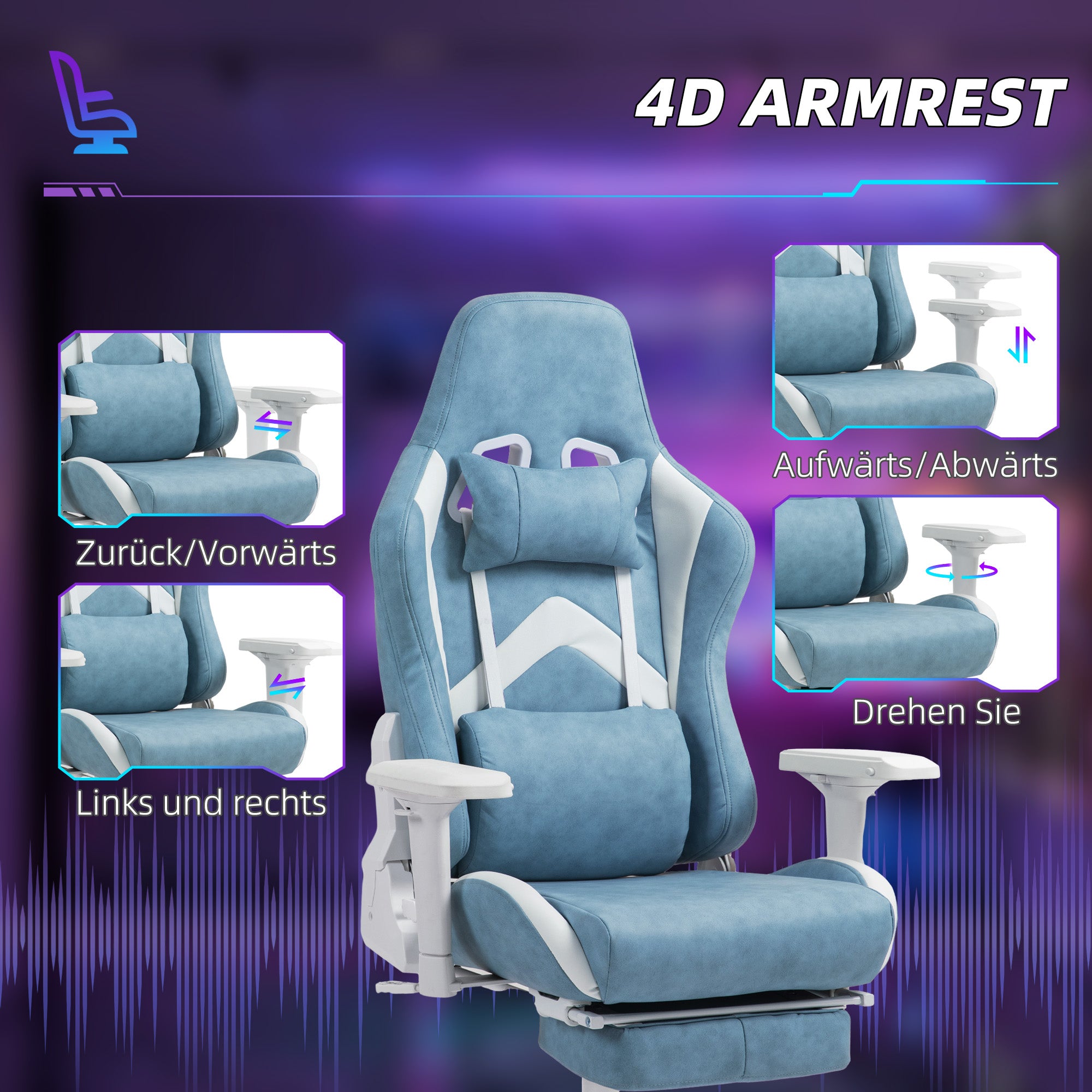 HOMCOM Gaming-Sessel, verstellbare Armlehnen & Rückenlehne, Kunstlederbezug, bis 120 kg, Blau