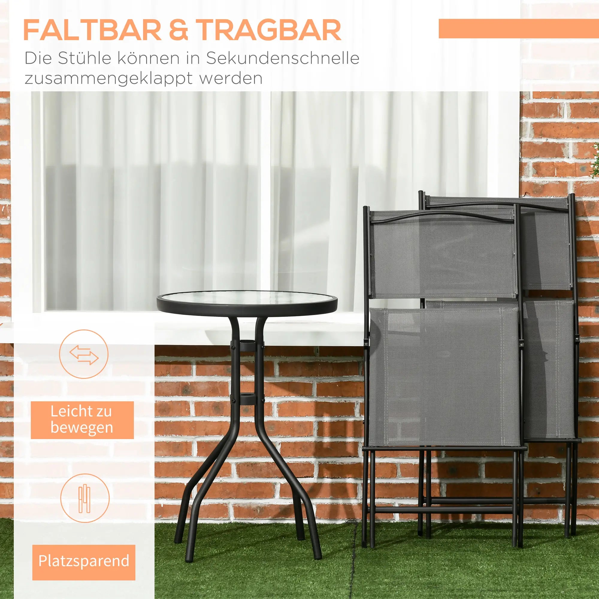 Outsunny Garten-Bistroset 3-teilig klappbar Hartglas-Tisch