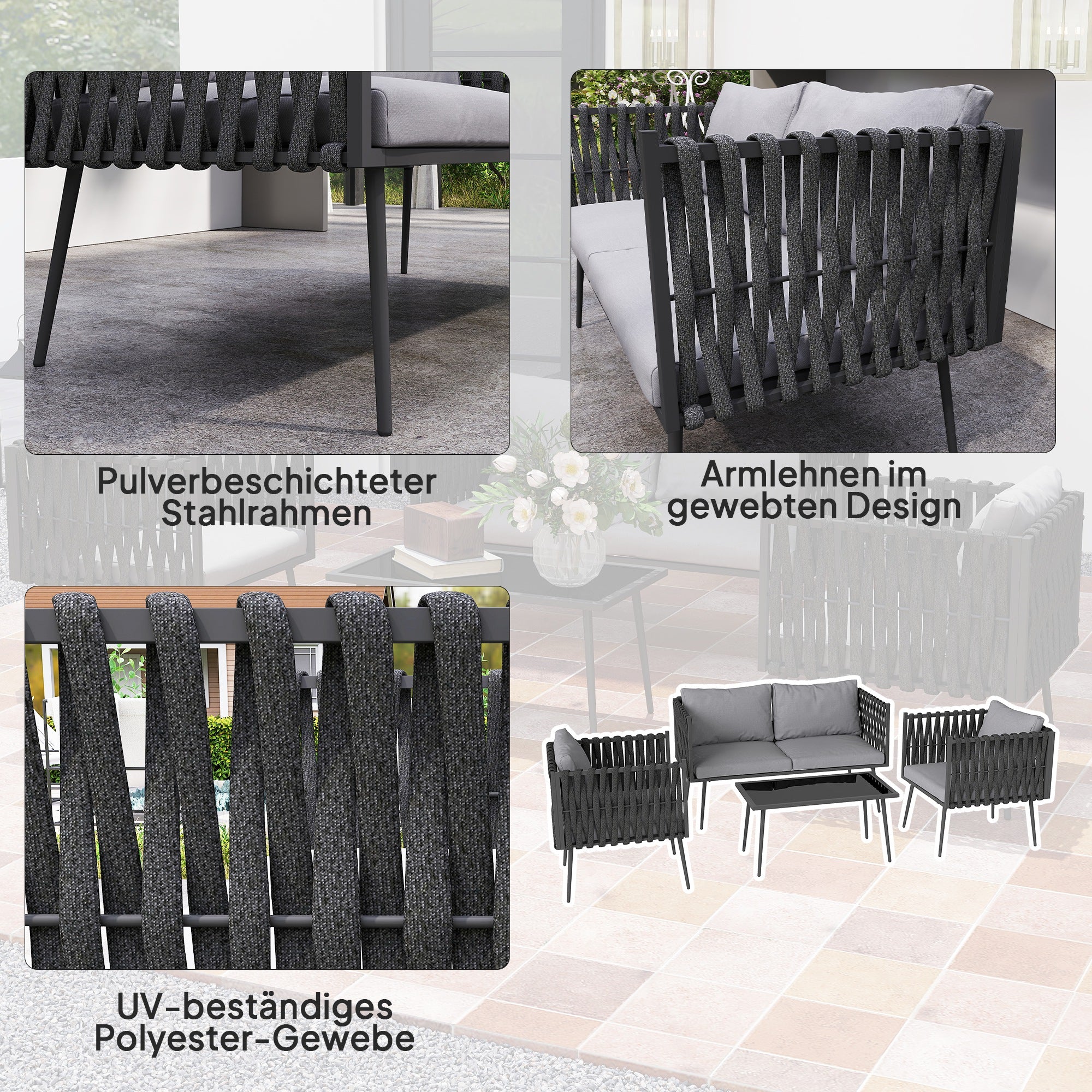 Outsunny Gartenmöbel Set 4 Personen wetterfest Balkonmöbel-Set mit 2er Sofa, Sessel Glastisch Sitzkissen Hellgrau