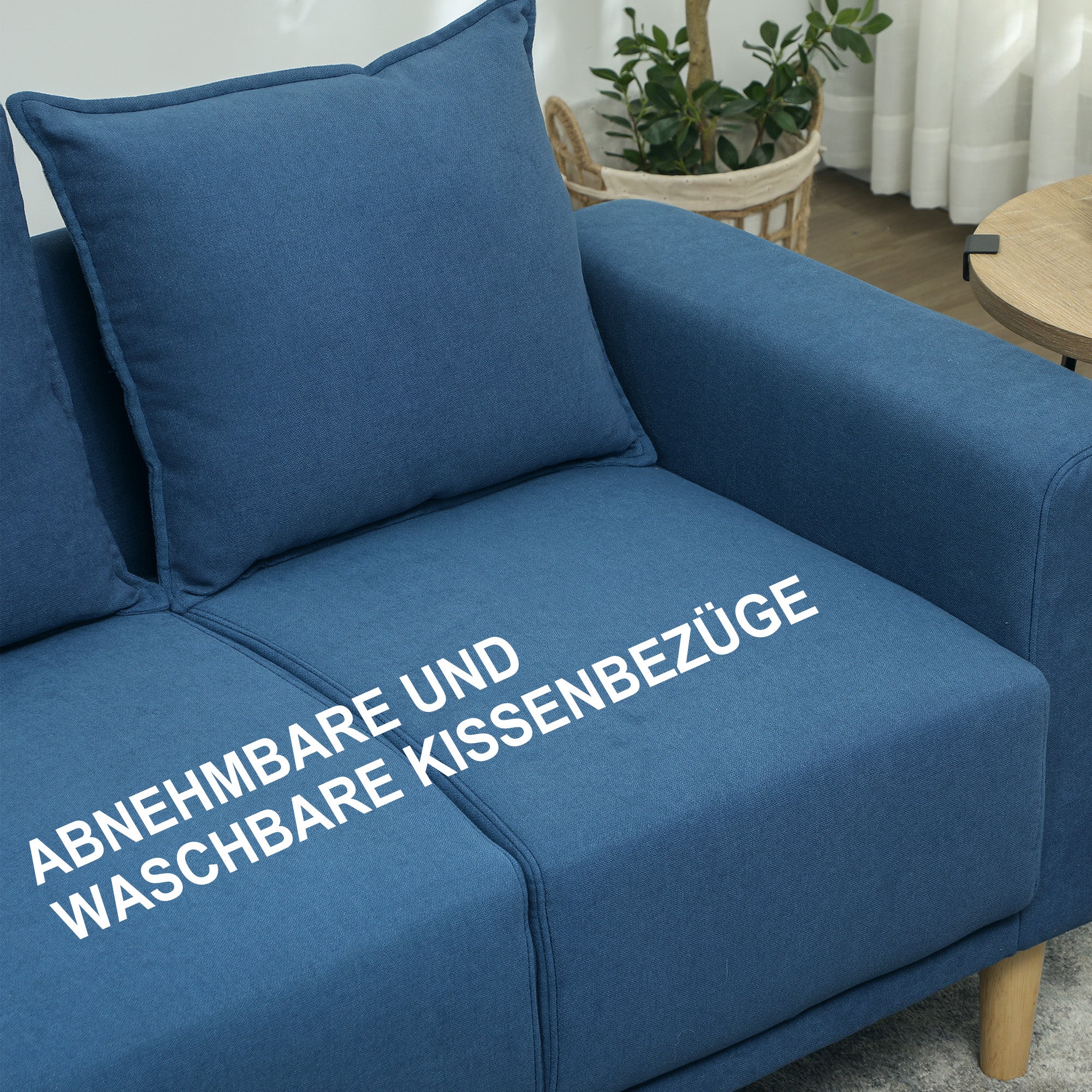 HOMCOM Zweisitzer-Sofa, moderne Stoffcouch, 2 Rückenkissen, Eukalyptus-Holzrahmen, 133 x 73 x 81 cm, Blau
