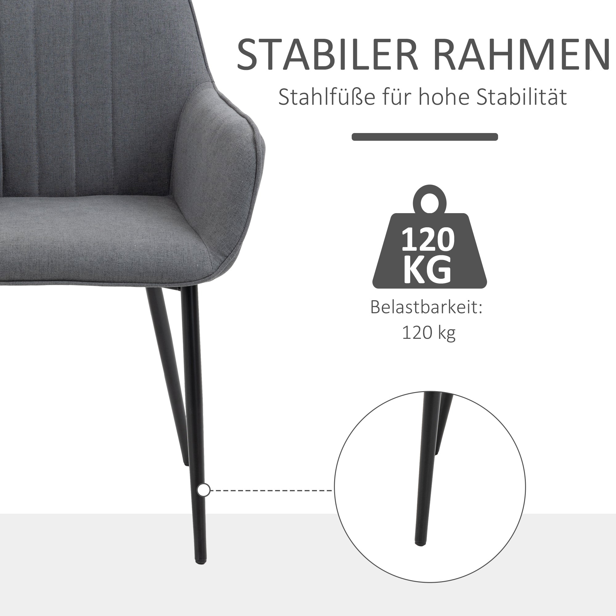 HOMCOM 2er Set Esszimmerstühle Essstühle Polsterstuhl mit atmungsaktivem Leinenbezug Wohnzimmerstuhl Sessel Küchenstuhl mit Rückenlehne Armlehne Leinen Dunkelgrau 59,5 x 56,5 x 81 cm